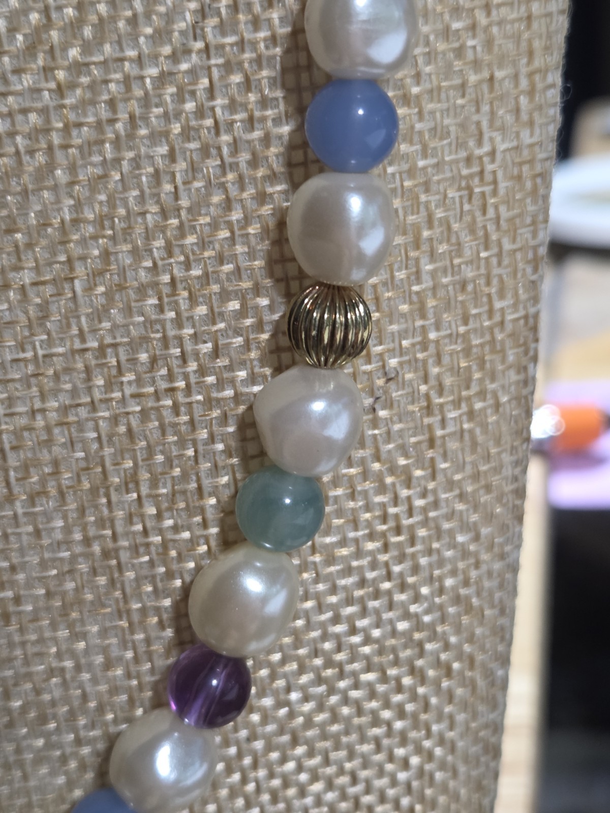34″ Opera Faux Pearl Blue Green Purple Bead Gold Tone Necklace Barrel Clasp