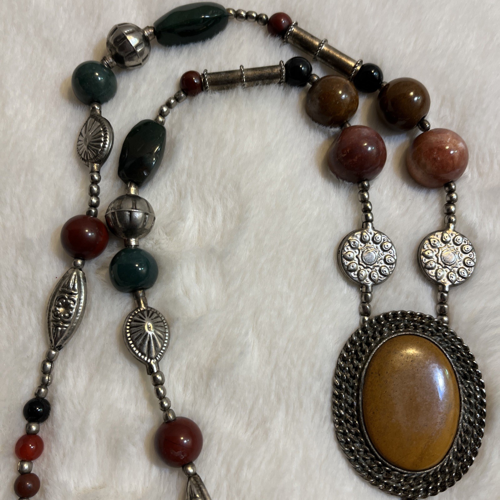 Vintage Tibetan Silver Metal Agate Stone Statement Necklace