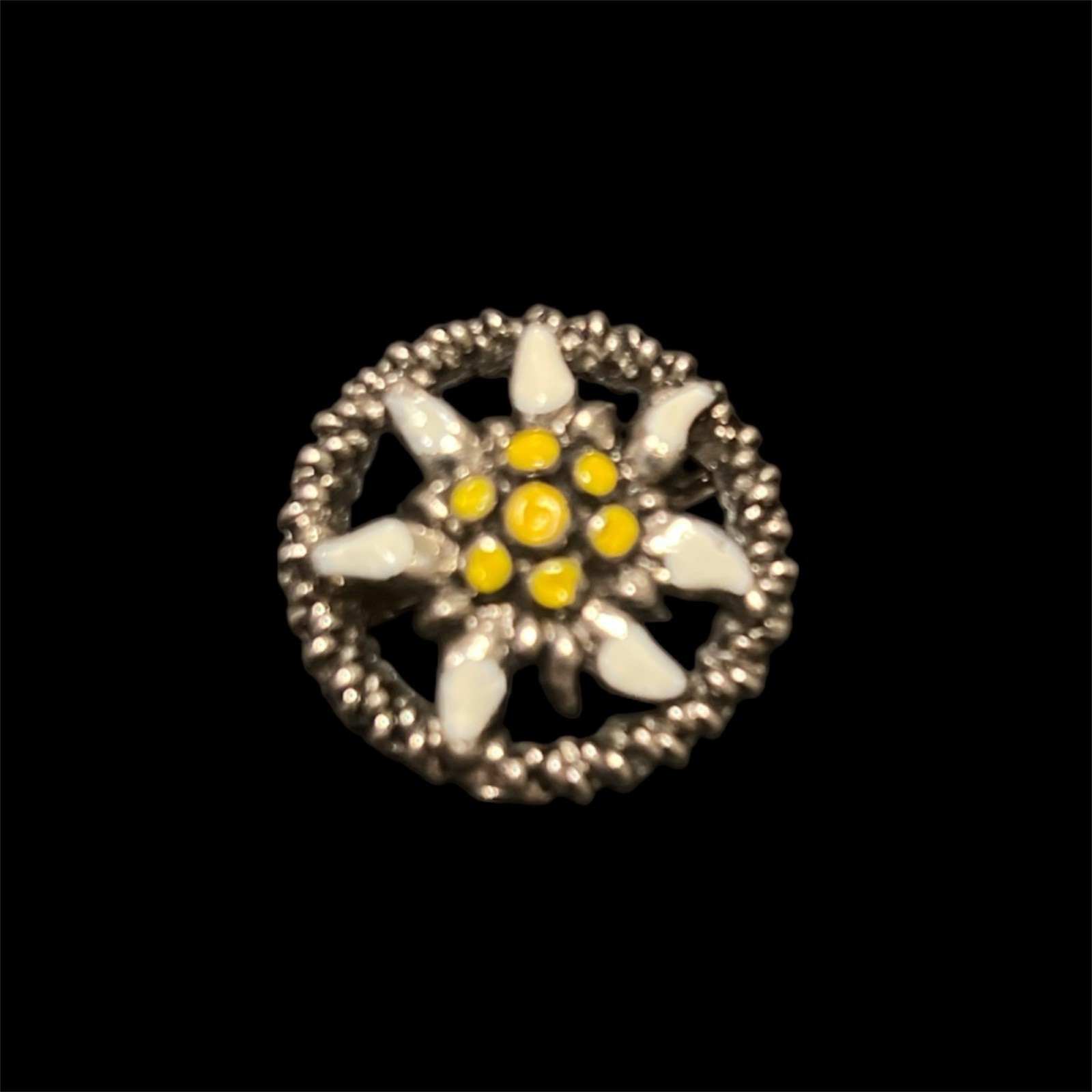 Vtg Small Round Eddeiss Brooch Pin Pewter Tone Yellow White Painted Enamel