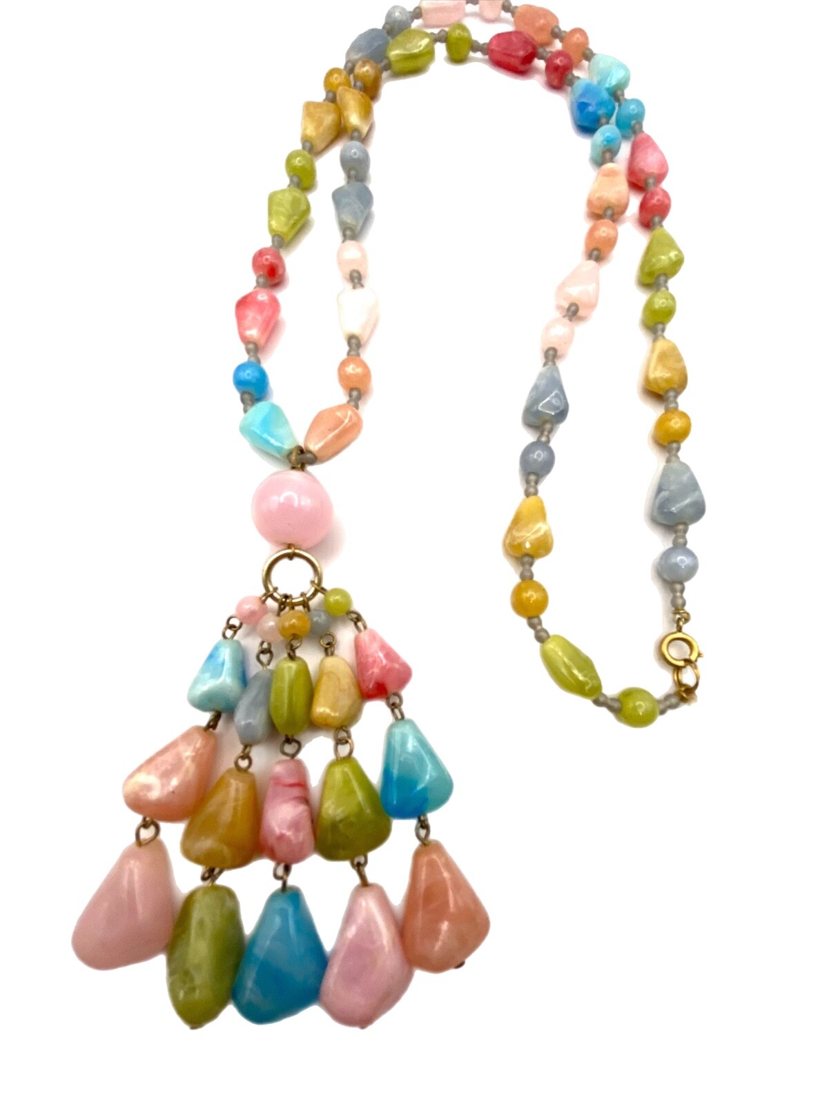 Vintage Chunky Pastel Multi-Color Beaded Tassel Pendant Necklace Plastic 30″