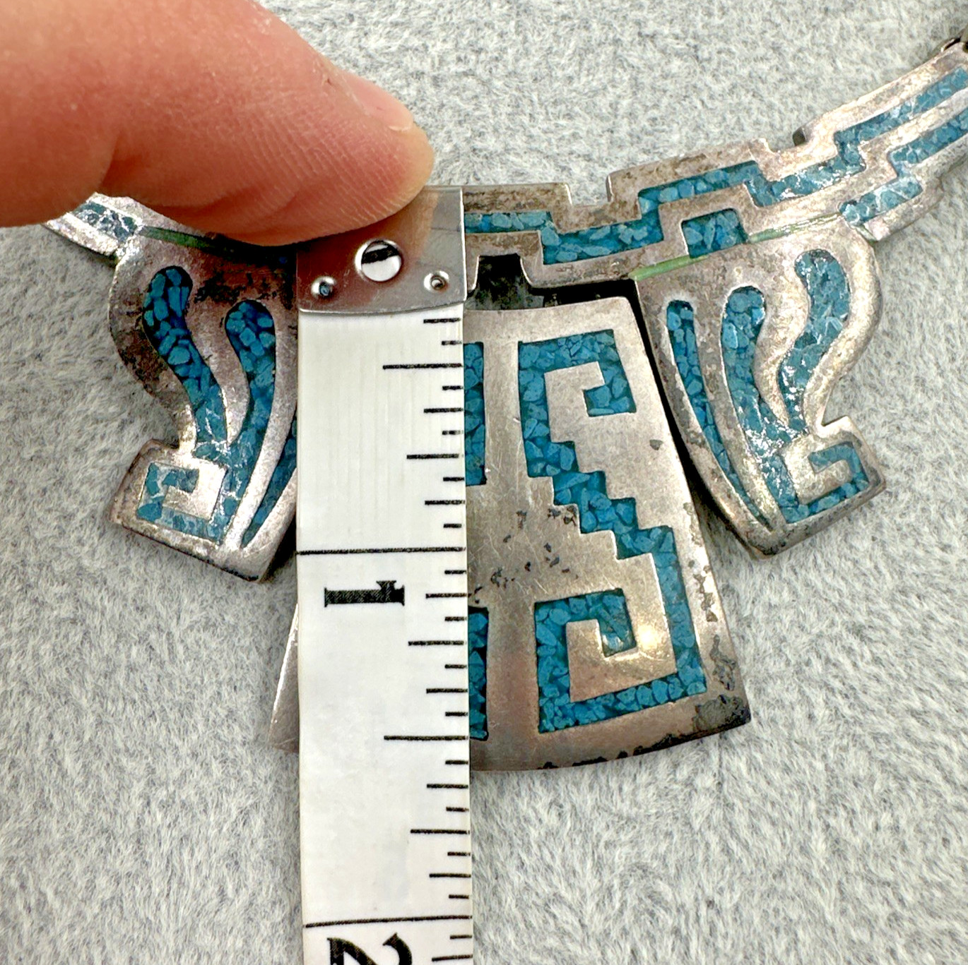 Vtg Taxco Sterling Turquoise Chip Inlay Panel Necklace 16.5″ 91.5g Signed PVB