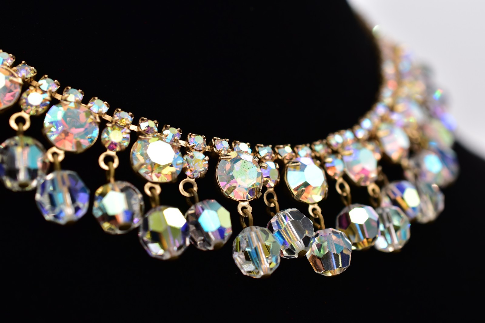 Vintage Crystal Choker Necklace AB Cluster Prong Rhinestone Gold Retro 50s BinBN