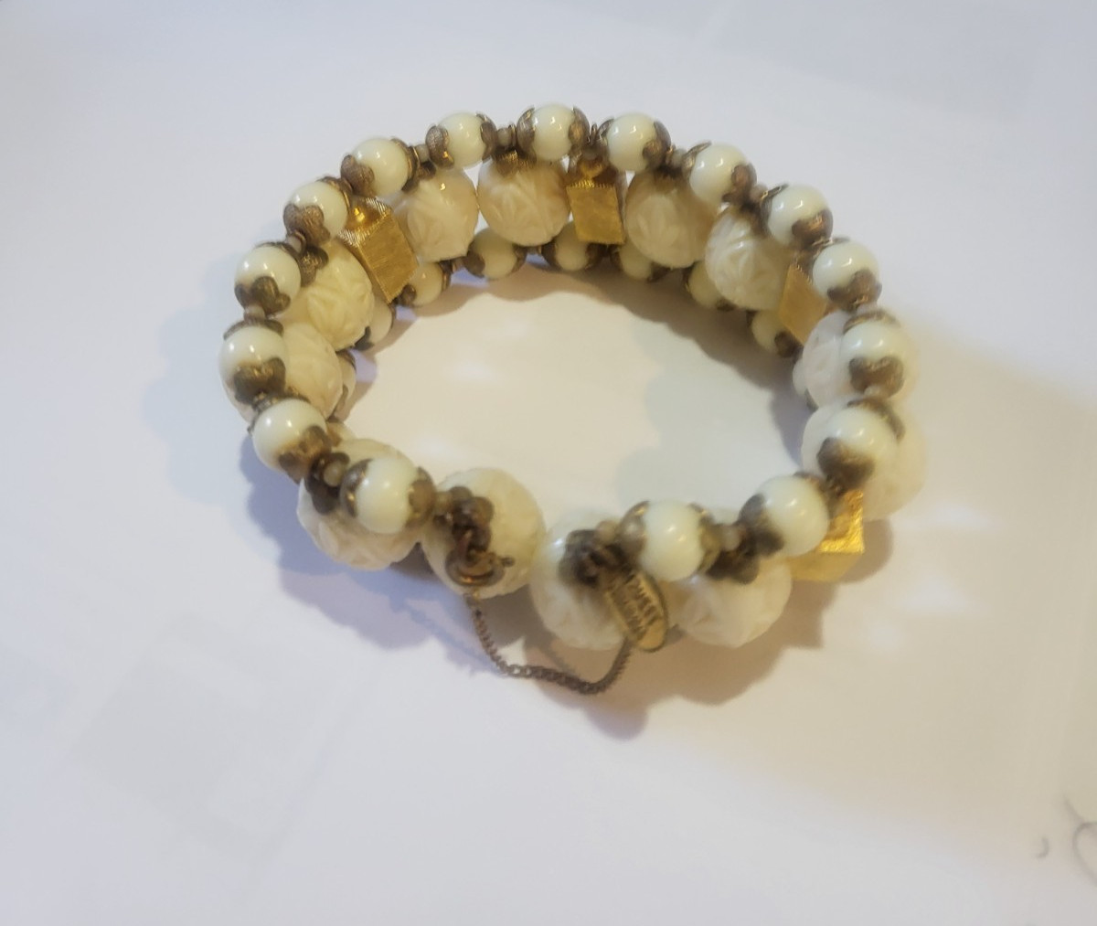 Signed Miriam Haskell “Ivory” and “gold” bead vintage bracelet
