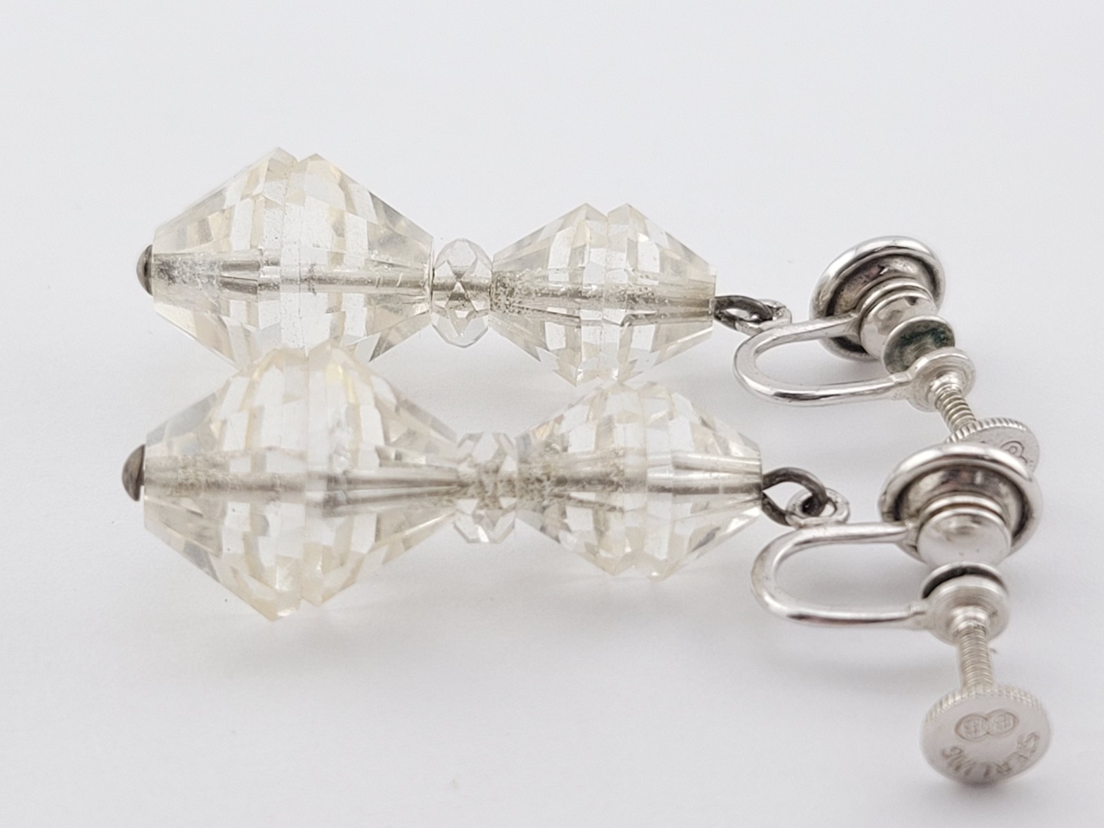 Signed BB Faceted Rock Quartz Crystal Bead Sterling Silver Chandelier Earrings