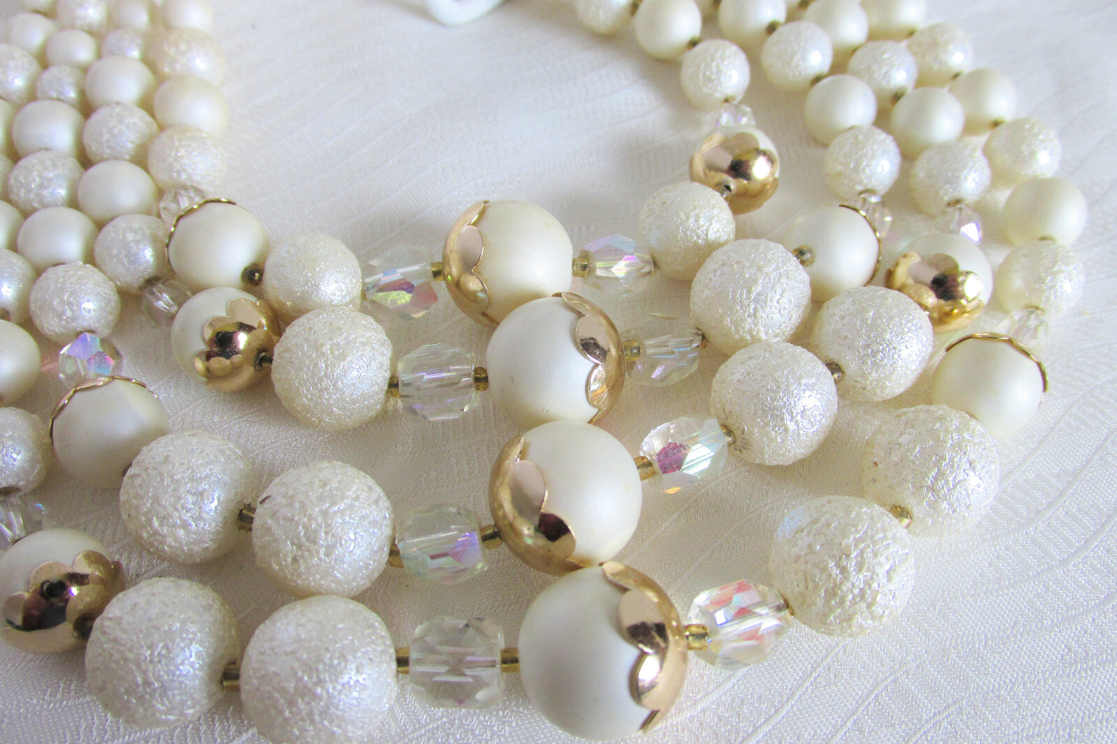 Cream AB Crystal Beads Bib Choker Necklace Textured Satin Vintage Retro JAPAN