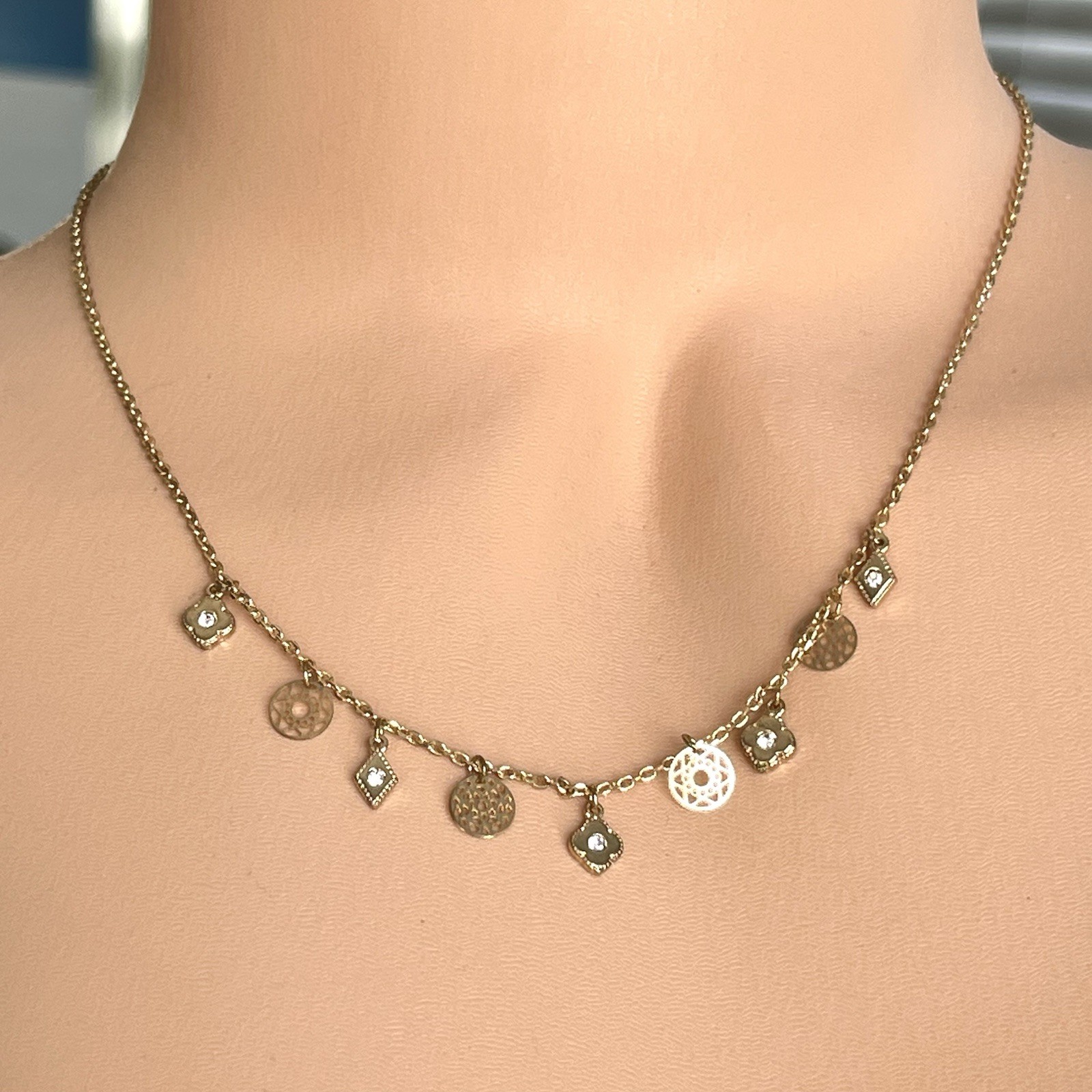 Dainty Gold Tone Rhinestone Charm Station Necklace PLUNDER DESIGNS 18″