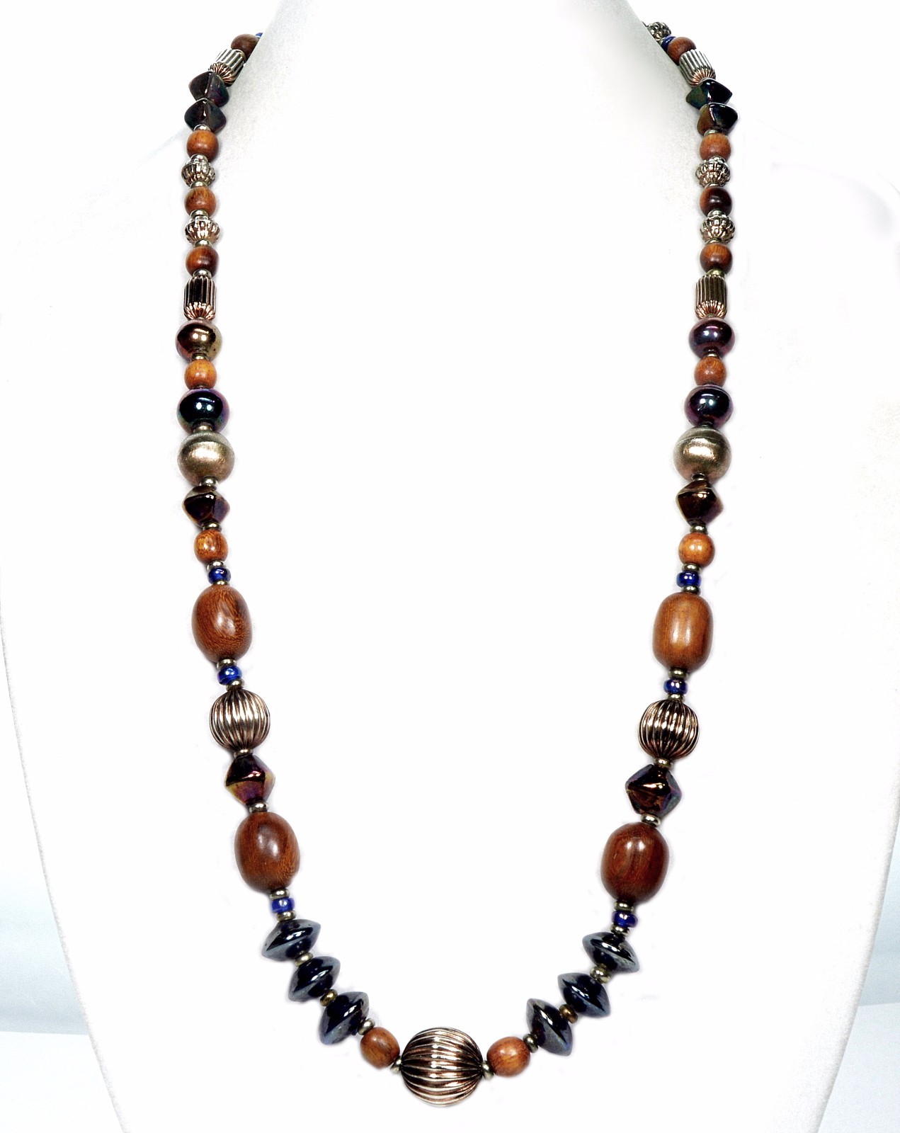 VTG ART GLASS CERAMIC WOOD METAL BEAD NECKLACE 34″ C.1980