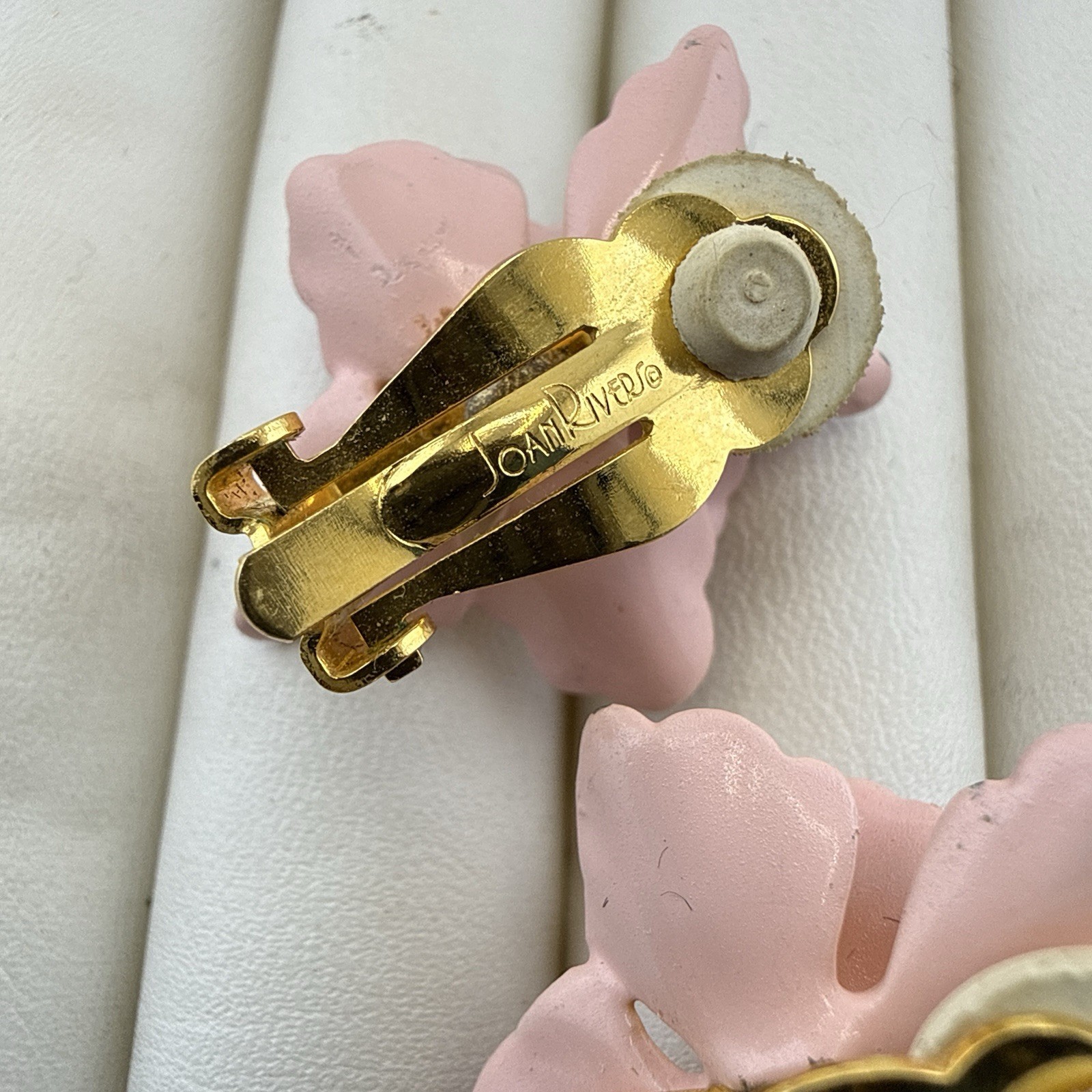 Vintage Joan Rivers Earrings Orchid Flower Floral Enamel Clip On Pink Purple