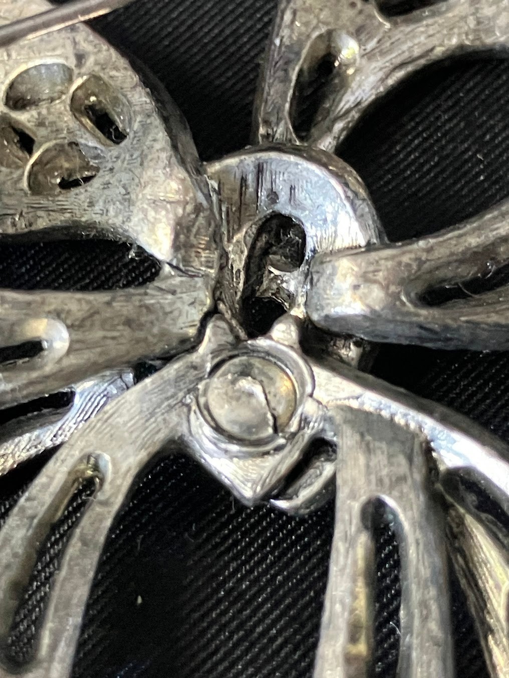 Vintage Metal Bow Brooch Faux Marcasite Style Knotted Ribbon Pin 3″