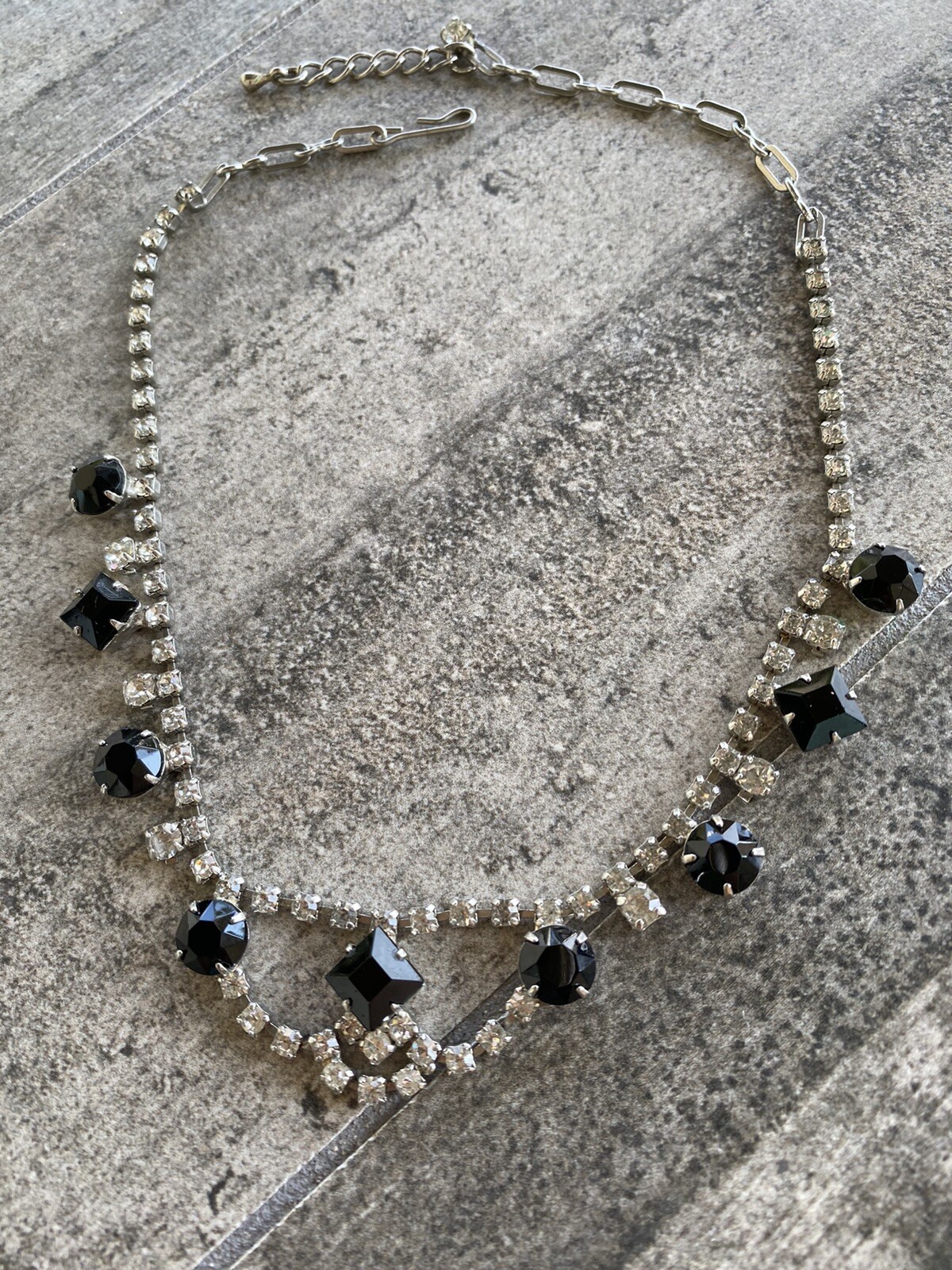 Vintage Chocker Necklace Hook Clasp 14” + 1” Rhinestones Clear Black