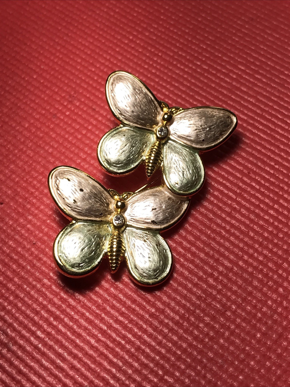 Vintage Pink and Green Brushed Double Butterfly Brooch Pin Gold Tone