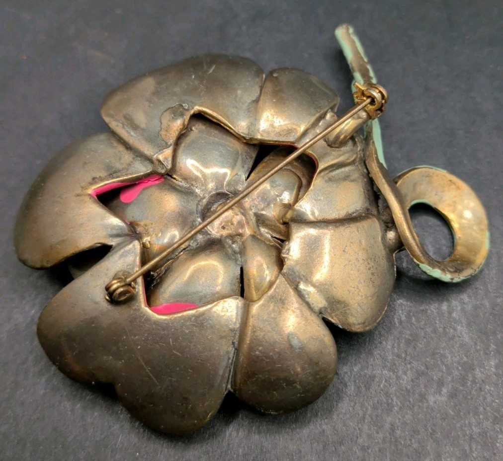 Vintage Artisan Gorgeous Pink And Green Pot Metal And Enamel Flower Brooch 3X3″
