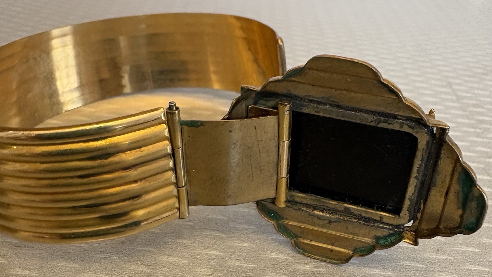 Art Deco Signed MARSH Gold Plate Bangle Snap Open Hidden Secret Locket Bracelet