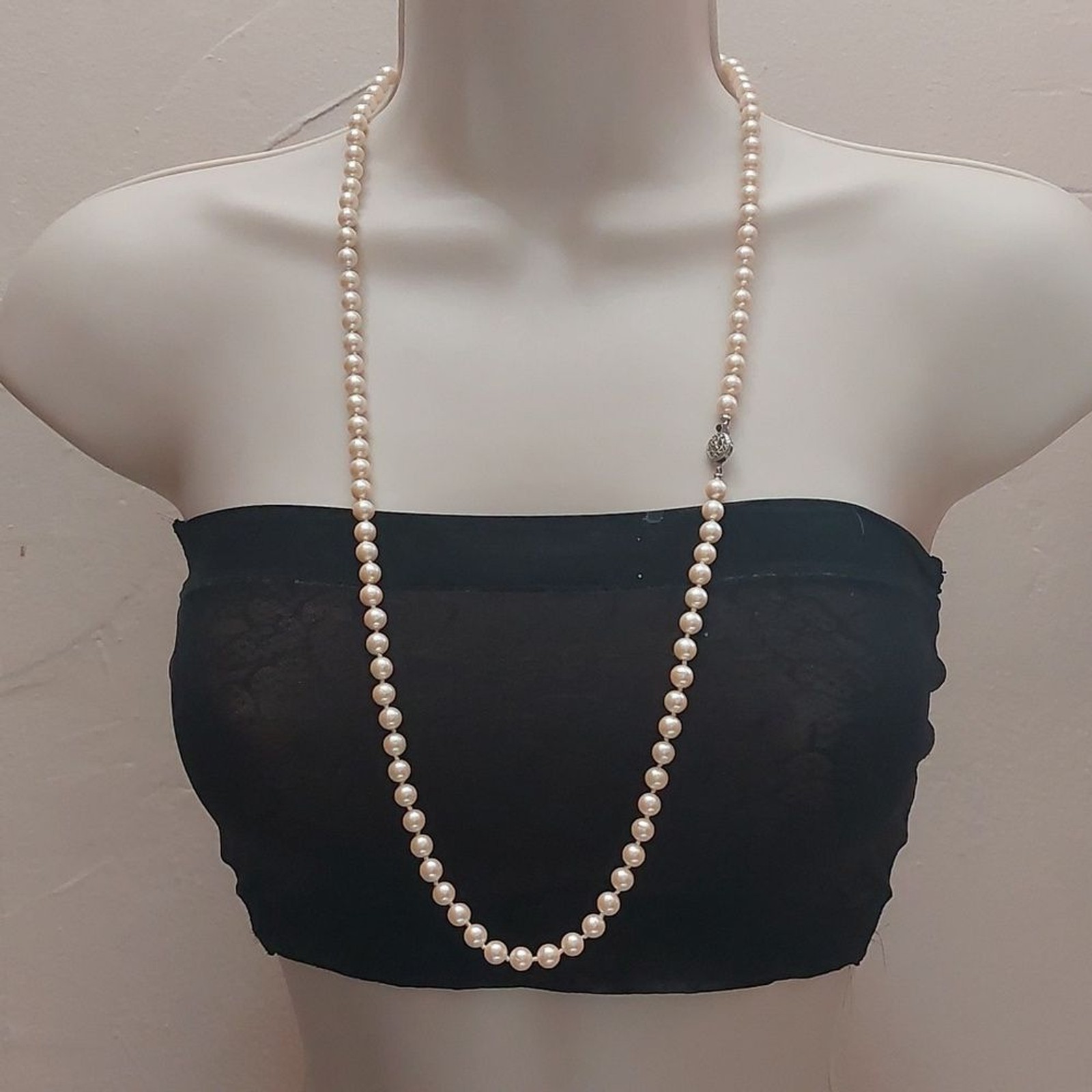 Vintage Classic Look Hand Knotted Faux Pearl Necklace Filigree Fish Hook Clasp