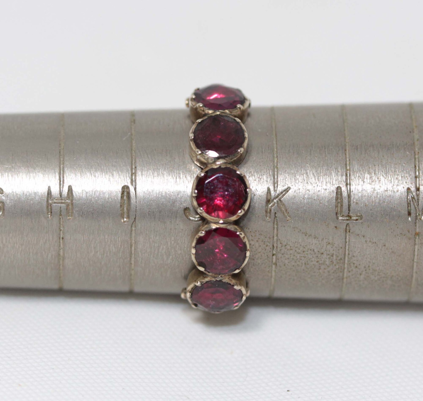 PRETTIEST GEORGIAN 9CT GOLD FIVE GARNET HALF HOOP RING in AMAZING CONDITION