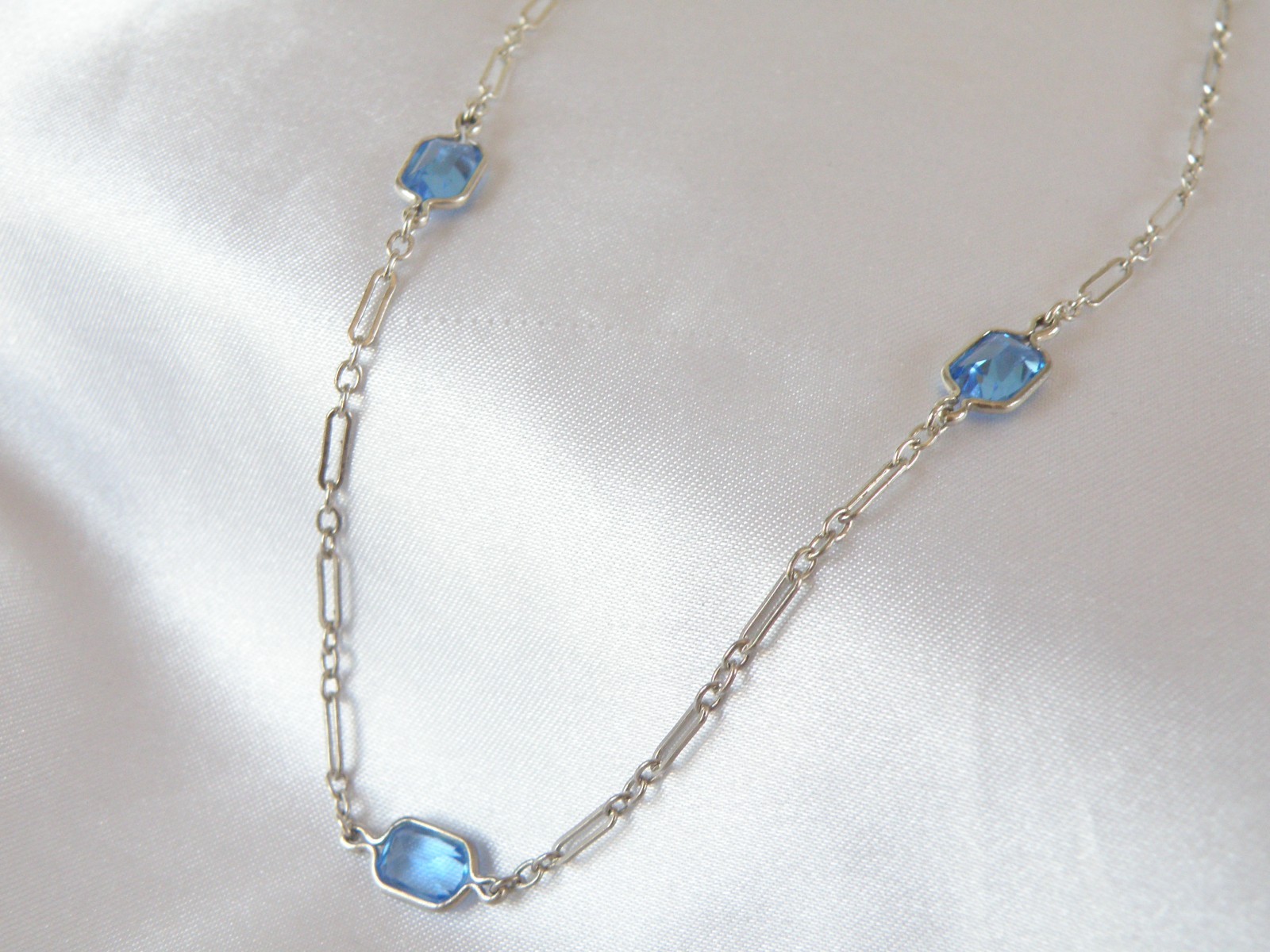 Antique Sterling Silver 925 Blue Gemstone Station Vintage Paperclip Necklace 25″