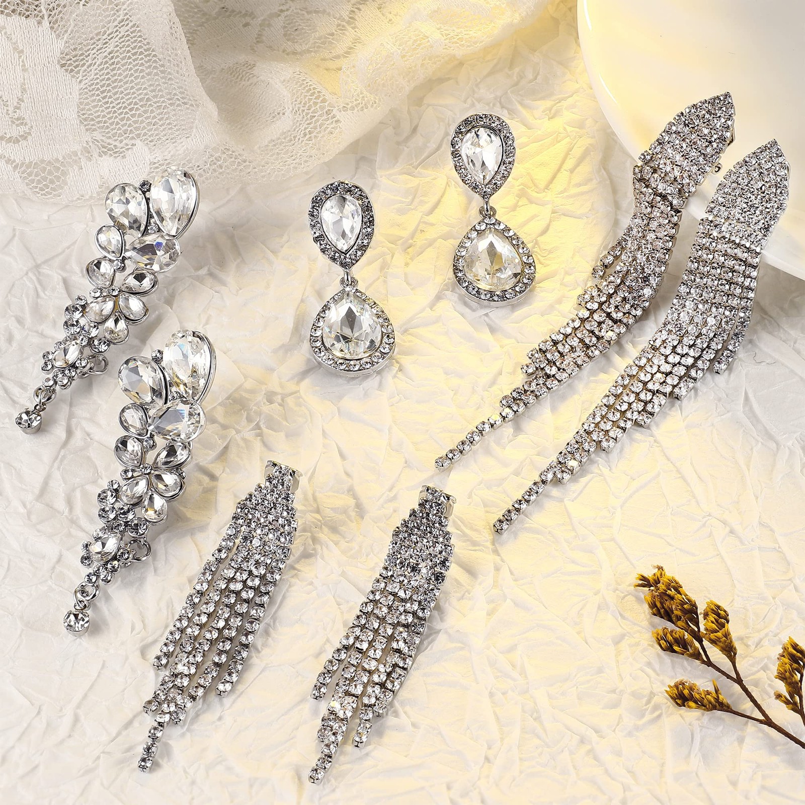 4 Pairs Silver Clip on Earrings for Women, Sparkly Rhinestone Tassel Chandeli…