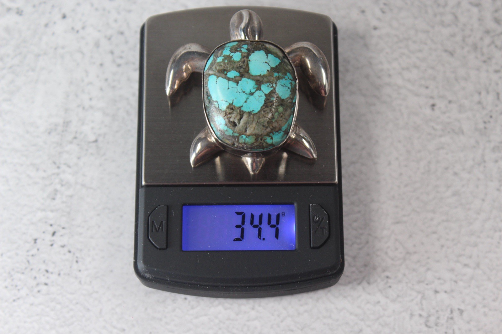 Vintage South Western Sterling Silver Large Turtle Pin/Pendant with Stone