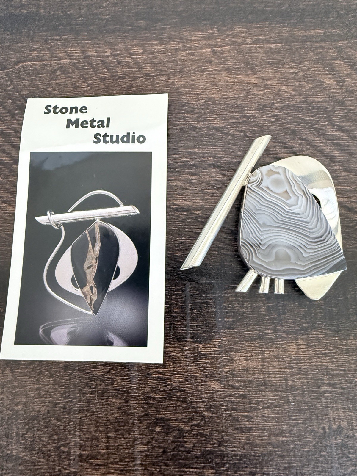 Stone Metal Studio Botswana Agate Sterling Silver Modernist Brooch 21.1g