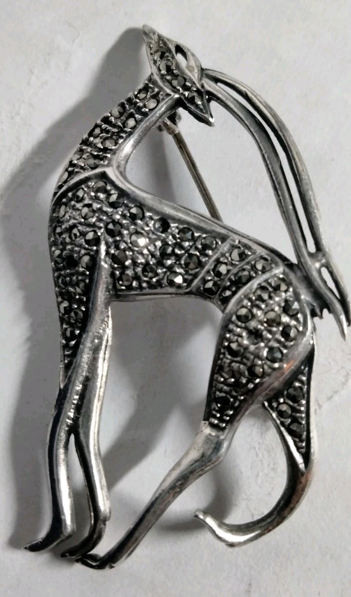 Sterling Silver Rare 925 Antique Antelope/White Stag Marcasite Brooch/Pin