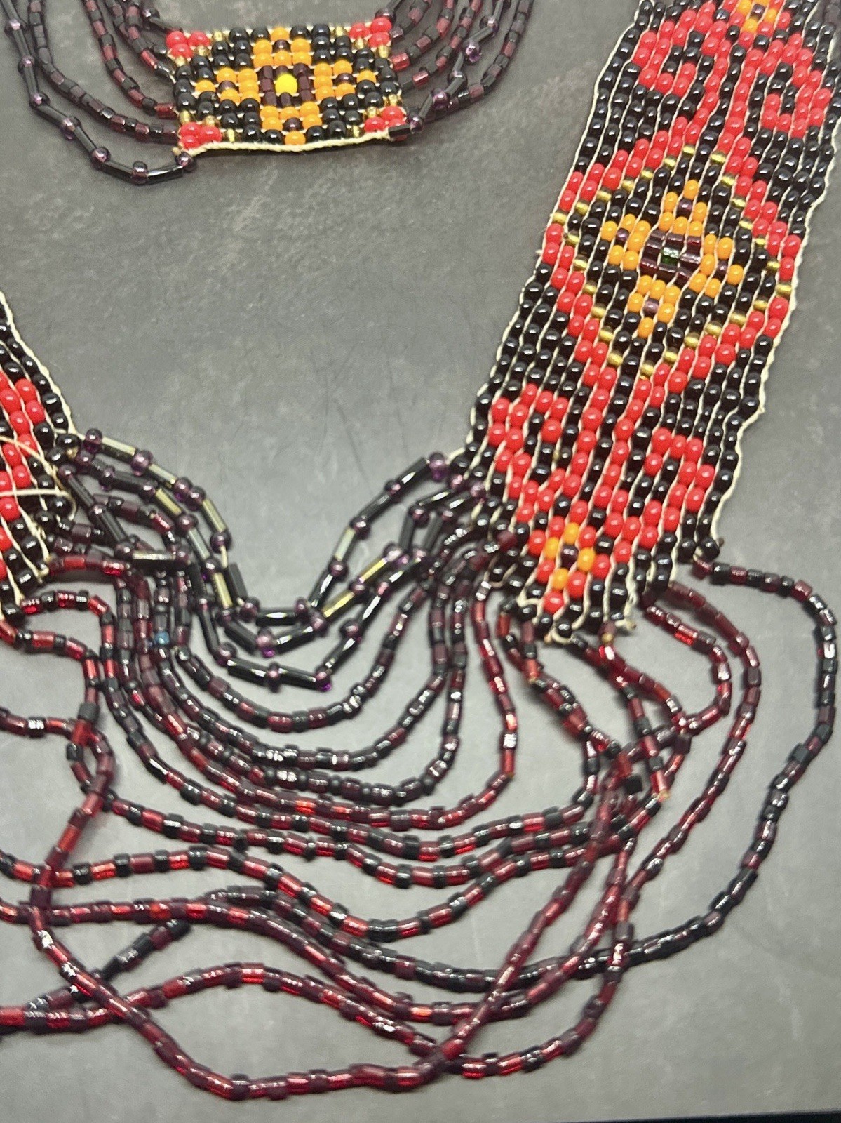 Red Black Seed Bead Necklace Multi Strand Tribal Boho Fringe Bib
