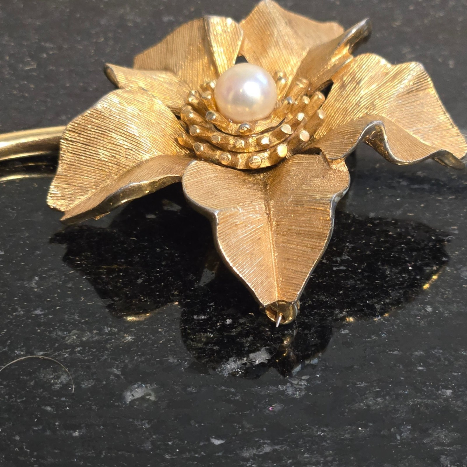 Vintage MARCEL BOUCHER Brooch with Pearl Gold Tone Flower 1960s Jewelry signed