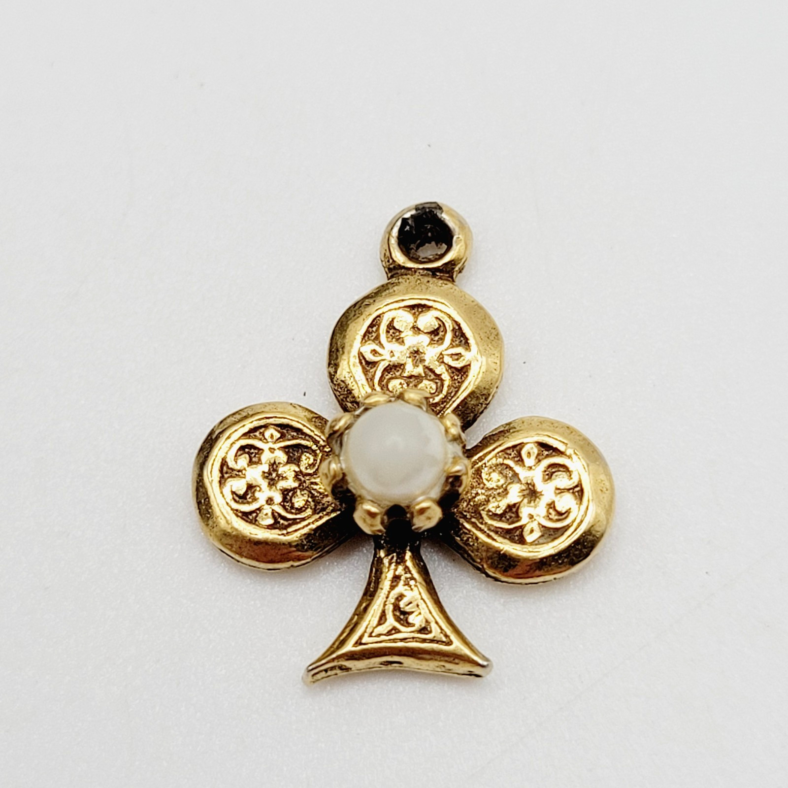 Clover Trefoil Shape Baroque Revival Vintage Gold Tone Faux Pearl Charm Pendant