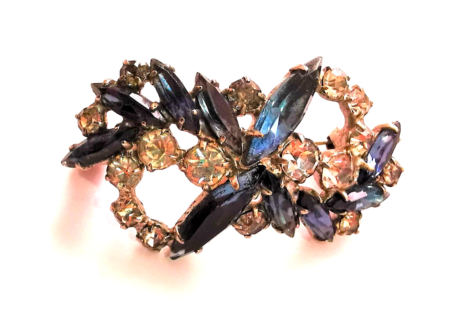 Czech Brooch Vintage Pin Rhinestone Blue Clear Glass Rhinestones Silvered Brass