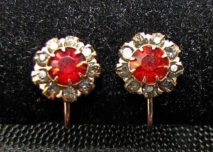 10K Screw Back Earrings Vintage Yellow Gold Red Rhinestone Stud Clip-On