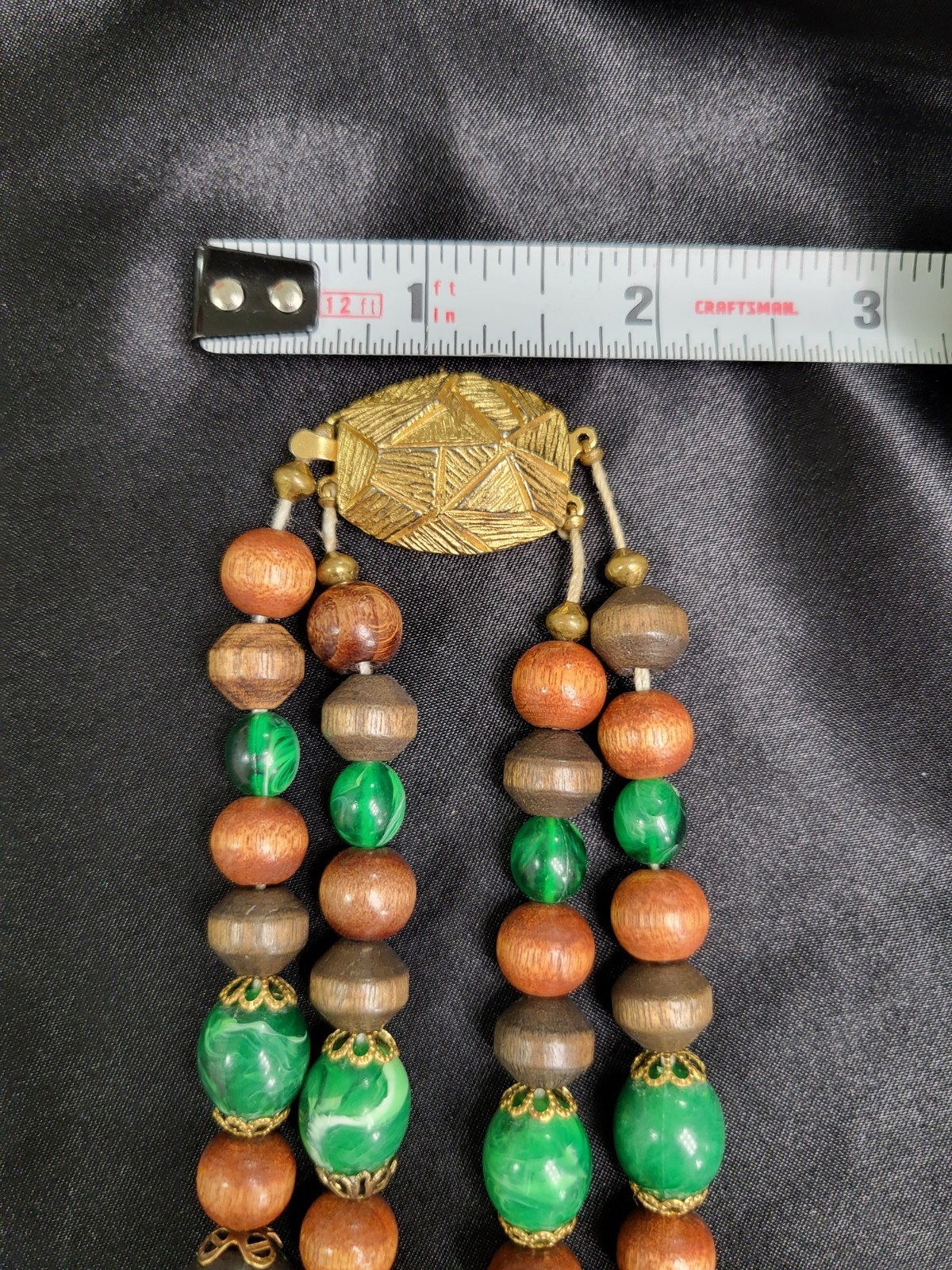 Vintage Multi Strand Beaded Necklace Wood Faux Malachite Cork Boho Statement