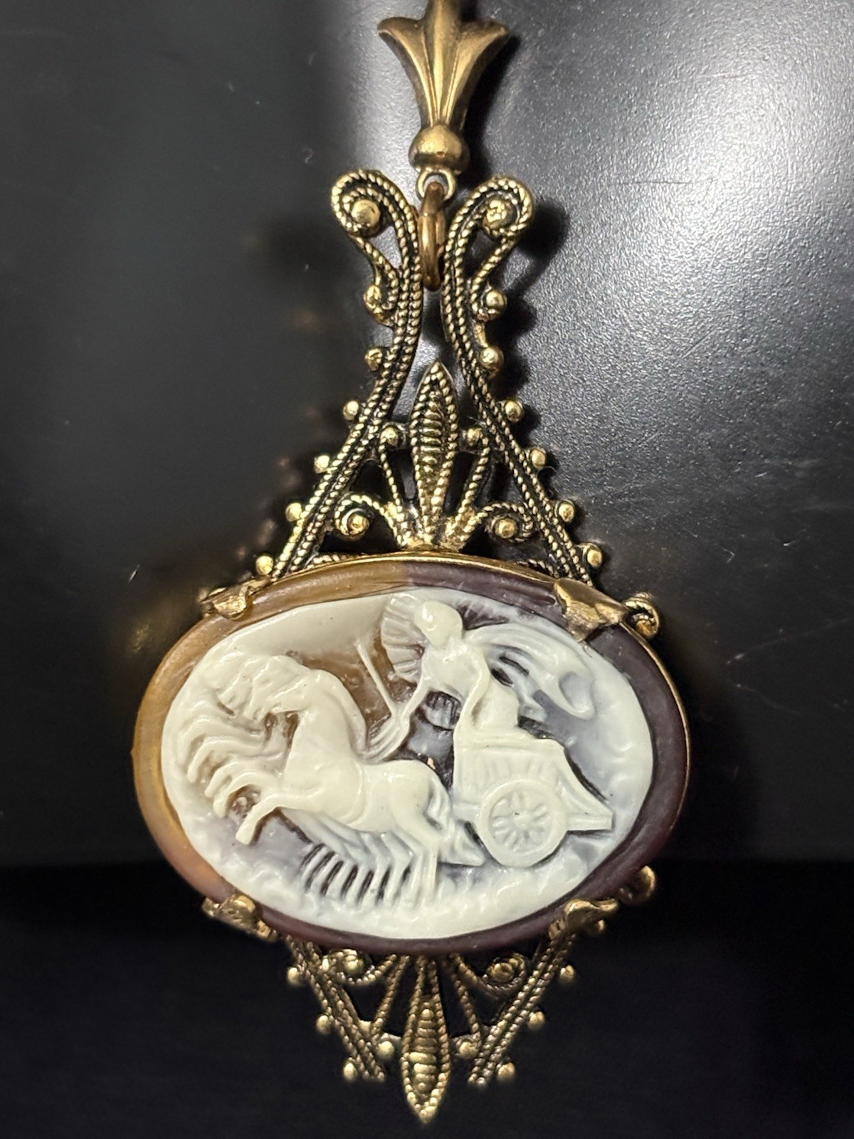 victorian Revival Cameo Pendant Necklace Gold Tone equestrian Horse Chariot 19”