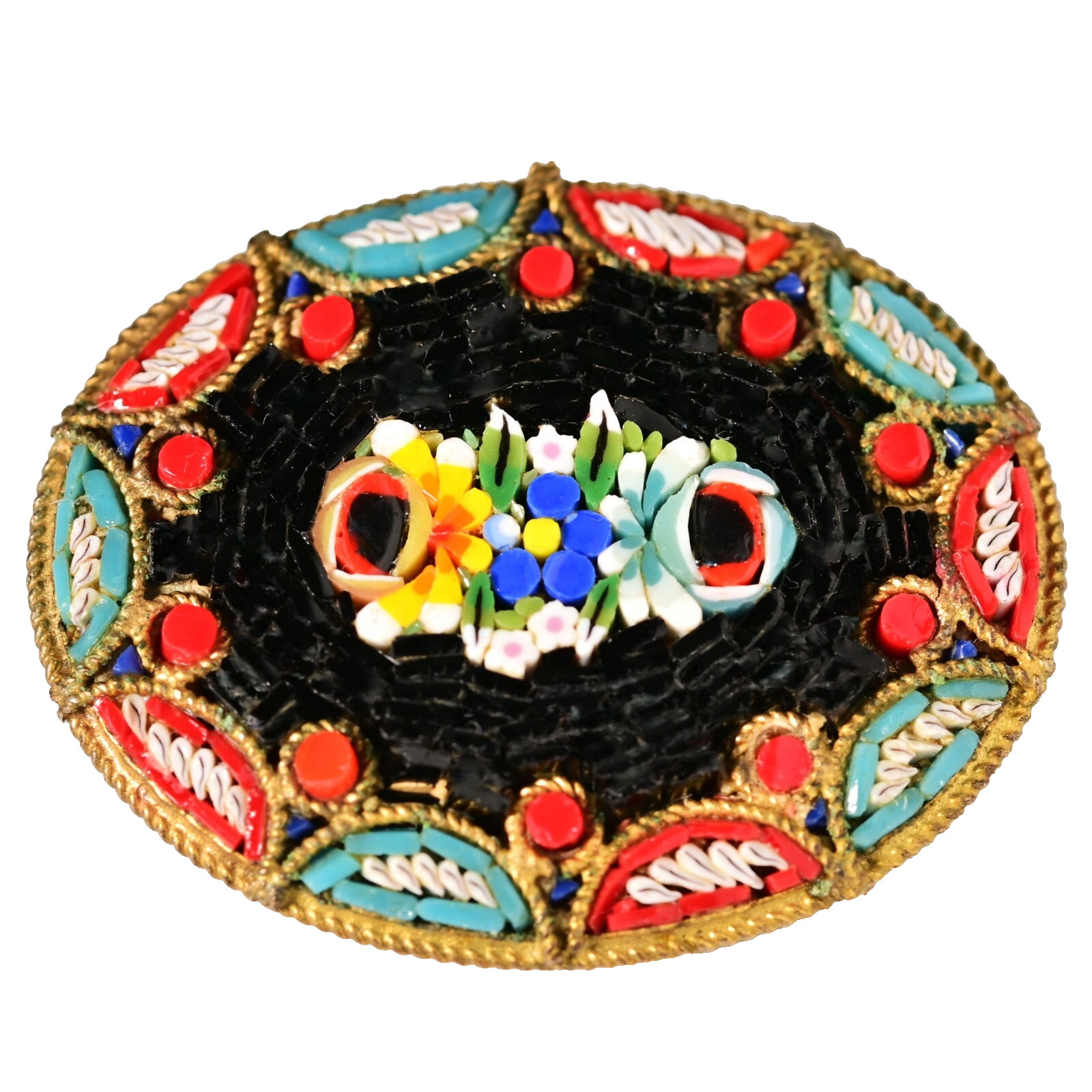 Antique Original Vintage Murano Glass Micro Mosaic Venetian Estate Brooch Pin
