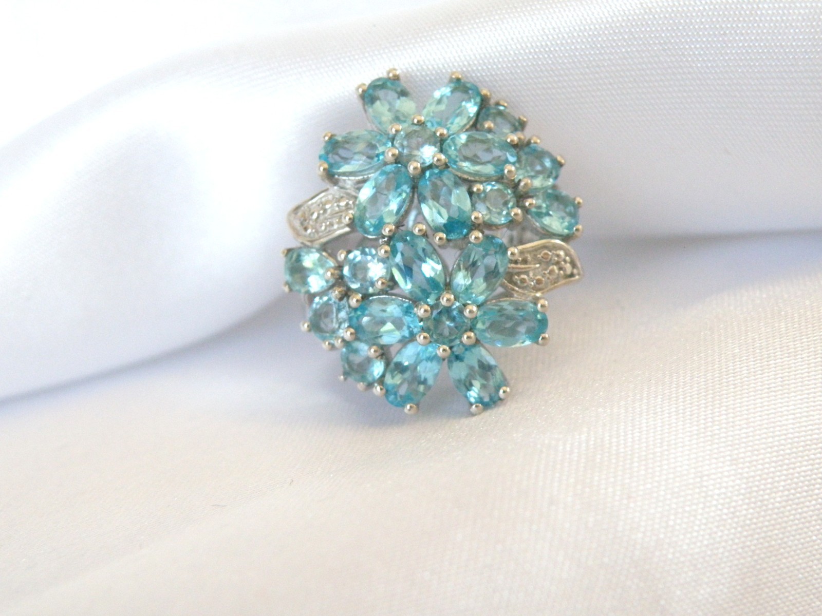 Vintage Sterling Silver 925 Cluster Natural Aqua Blue Apatite Large Ring Size 6