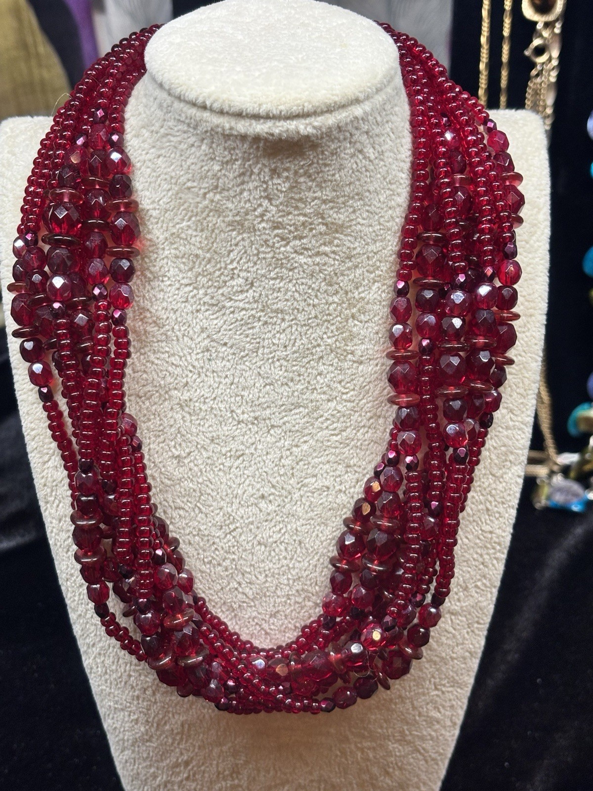 Vintage Lovely Ruby Red Crystal Glass Beads 8 Strand Necklace Adj 16-18 “