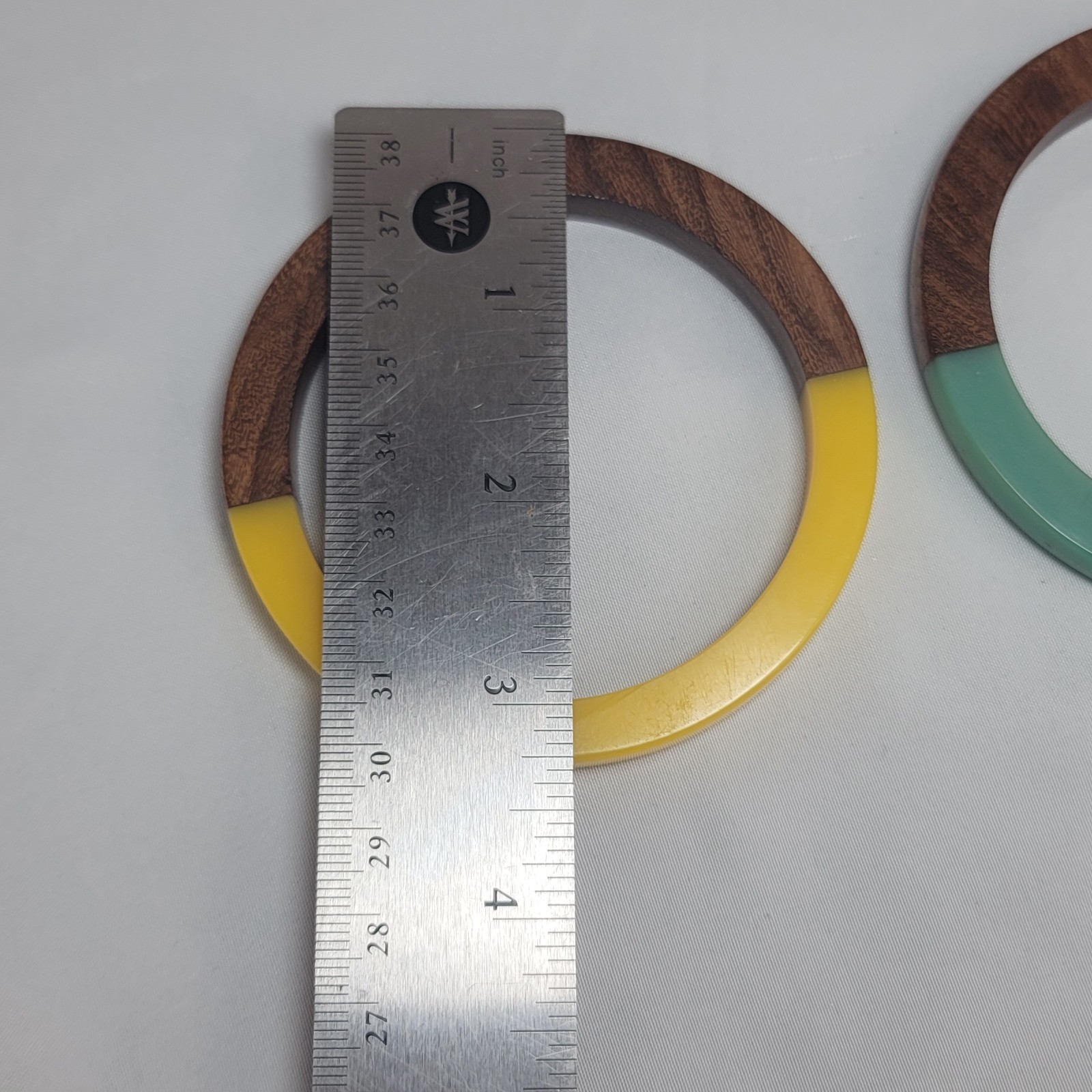 A Yellow and Green Lucite Resin & Wood Bangle Bracelet Set Modern Boho Jewelry