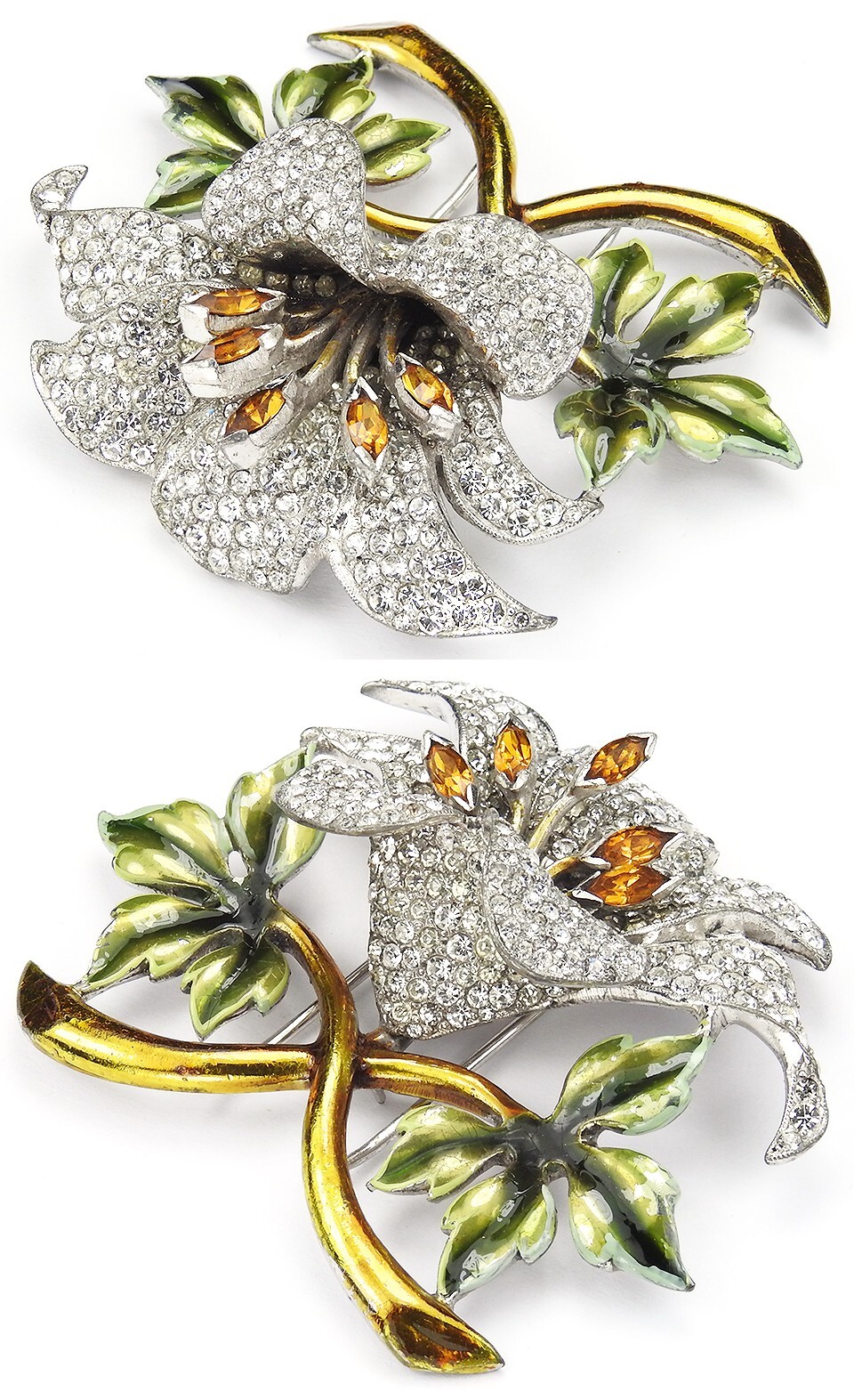 Dujay Pave and Metallic Enamel Orchid with Topaz Stamens Flower Pin Clip
