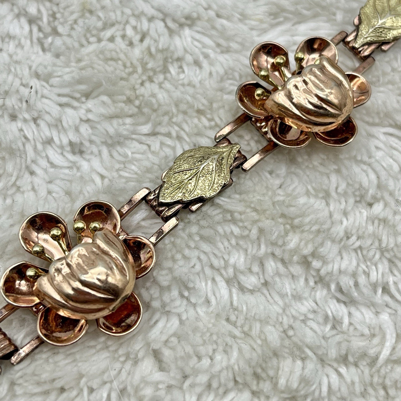 Vintage Sterling Silver Bracelet Raised Flower Bloom Gold Wash Fits 6.75″ Wrist