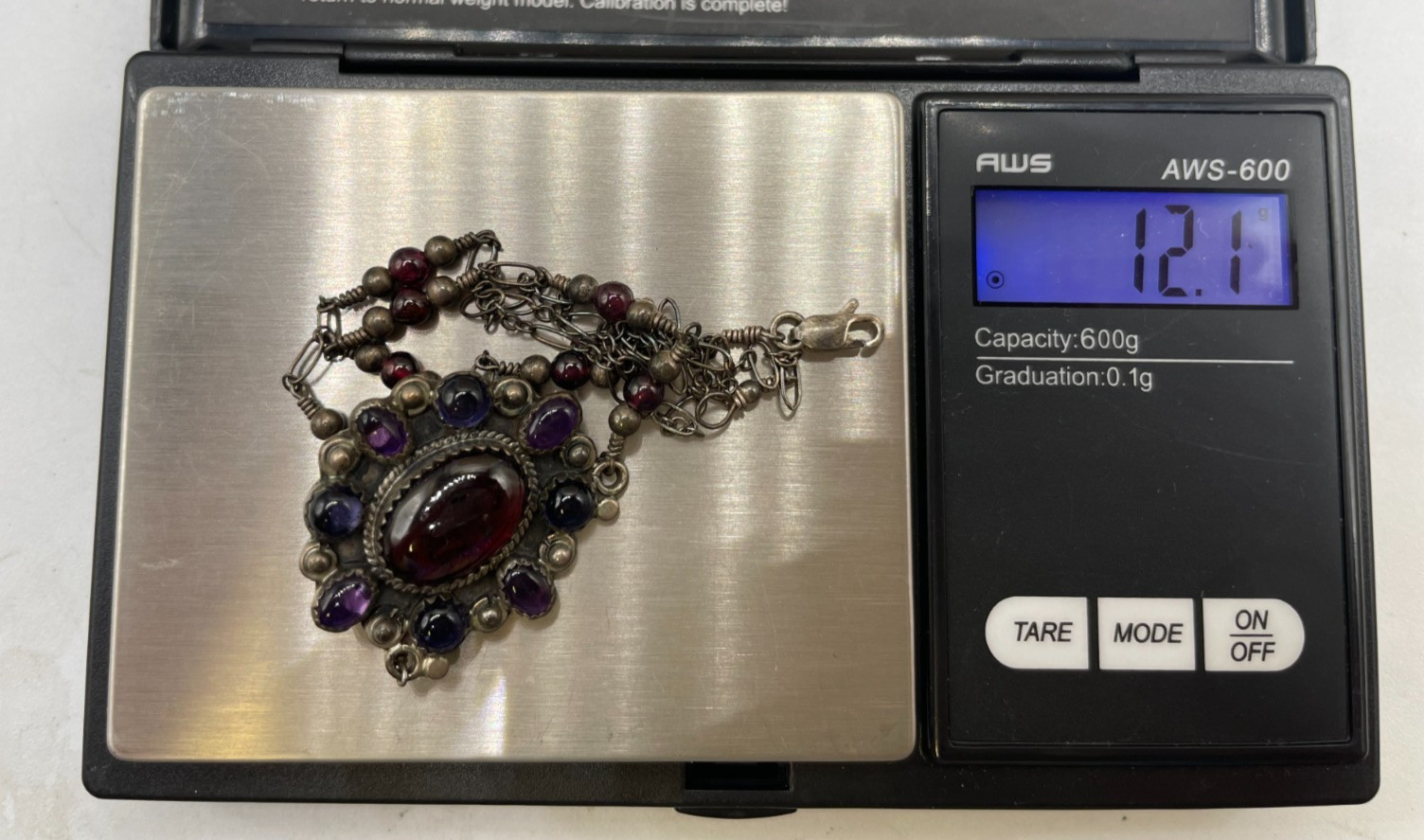 VTG Garnet & Amethyst cabochon Sterling Silver pendant bead chain necklace 12g