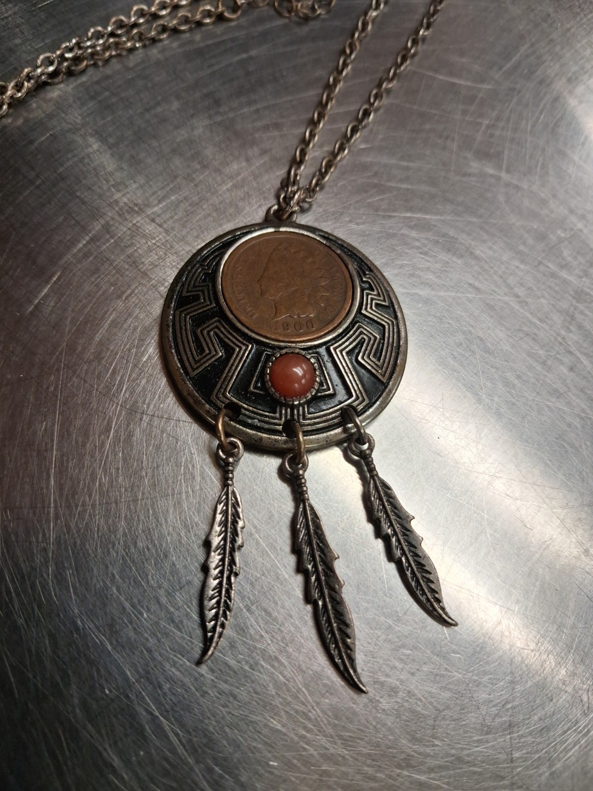 1900 Indian Head Penny Necklace on Metal Dreamcatcher, Carnelian Gem 3 Feathers