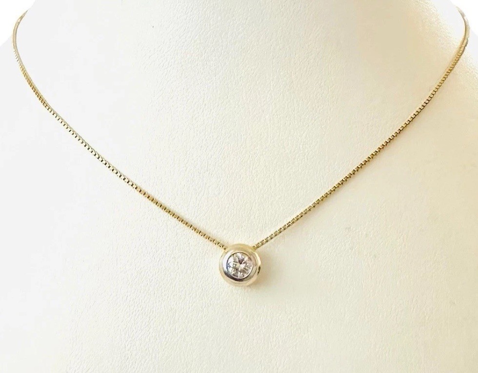 Estate Natural Brilliant Diamond Bezel Set 0.35 Carat Pendant 20″ Necklace 14k