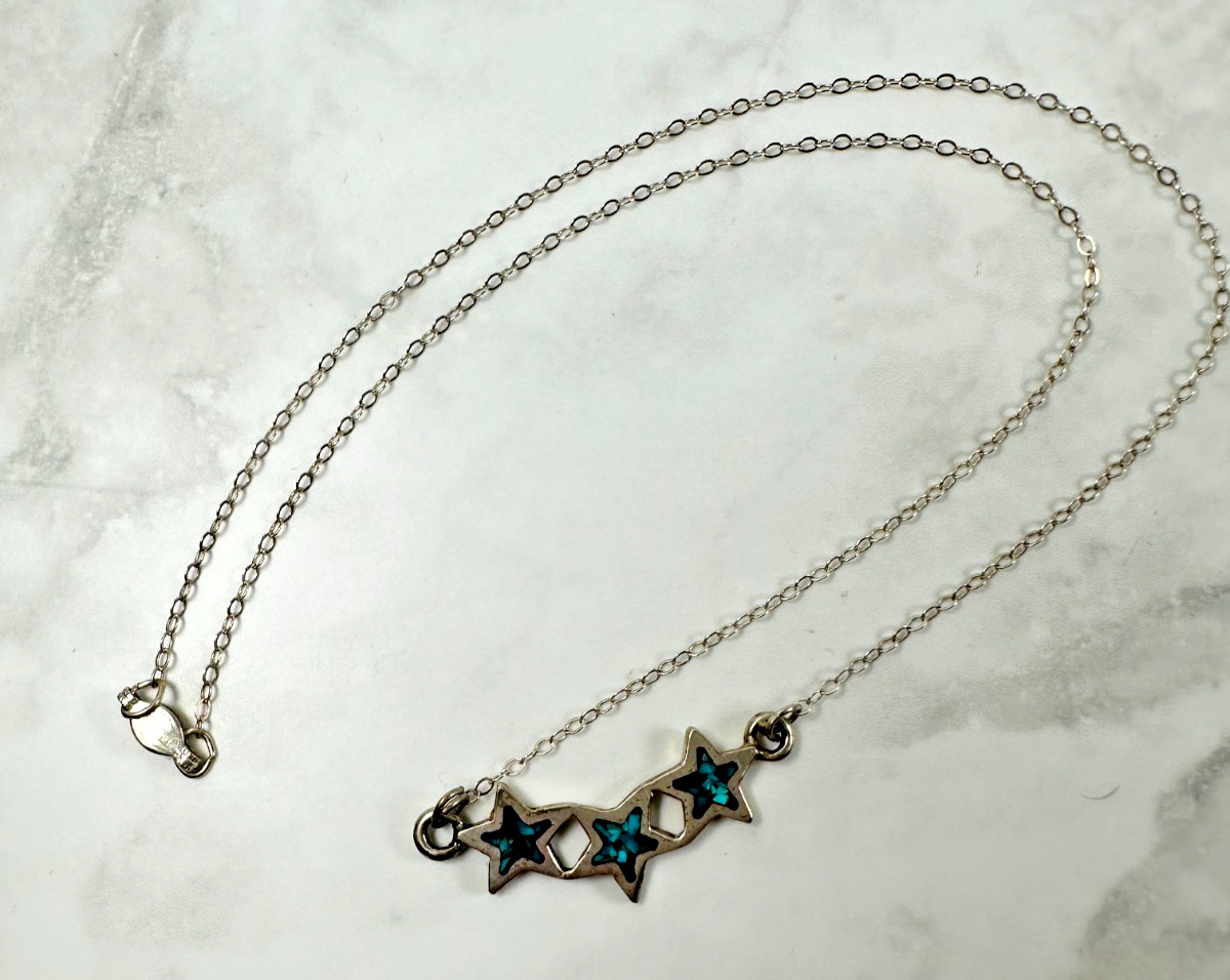 Sterling Silver Southwest Necklace – 3 Stars with Turquoise Chip Inlay – 14″