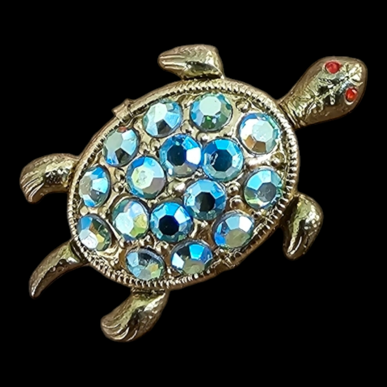 Genuine Vintage Gold Color Ges Gesch Blue Crystal Turtle Brooch – W Germany