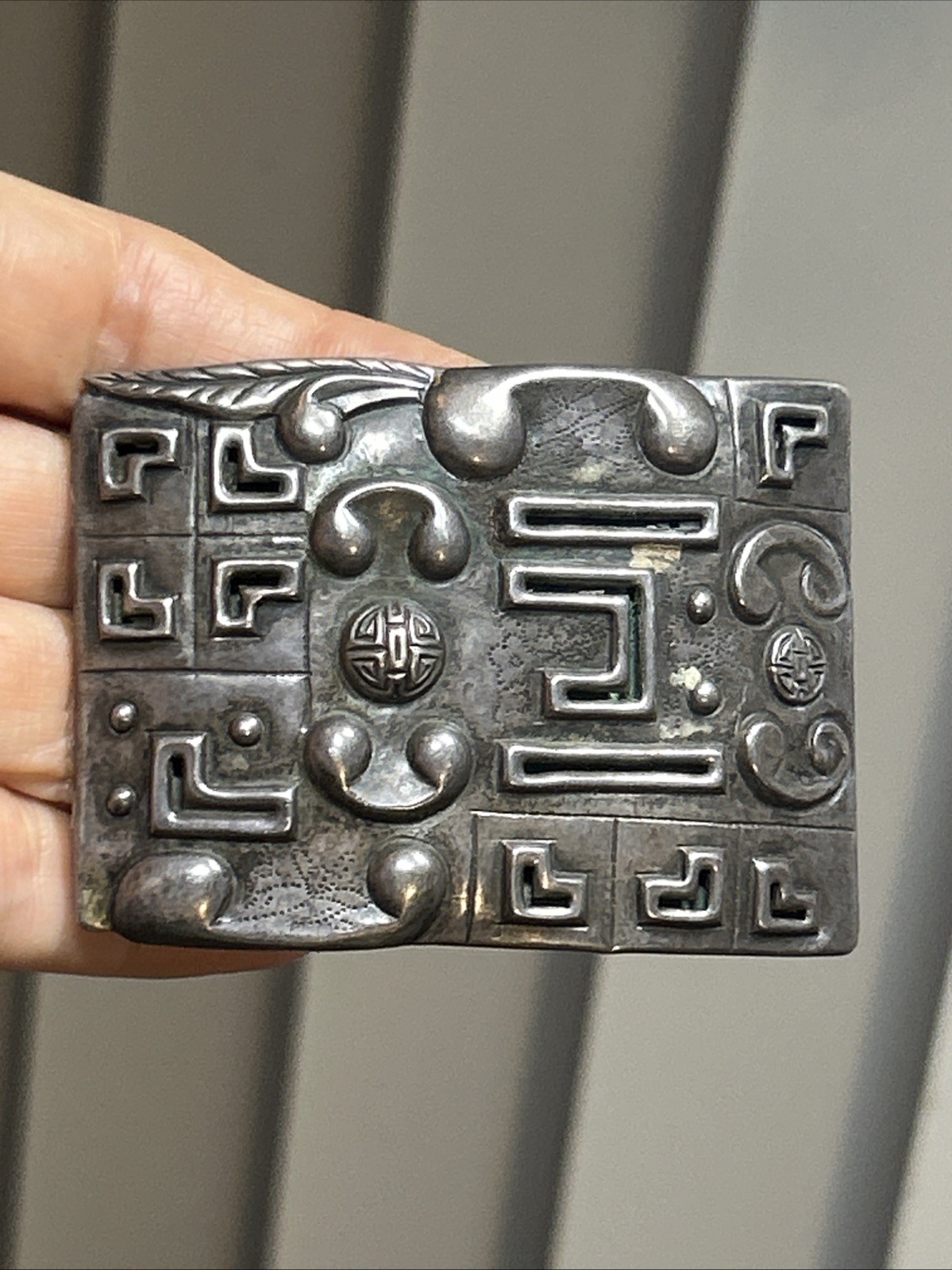 39. Old CHIN SUNG Silver Tribal Repousse Shadow Box Rectangle Pin 67 x 50mm