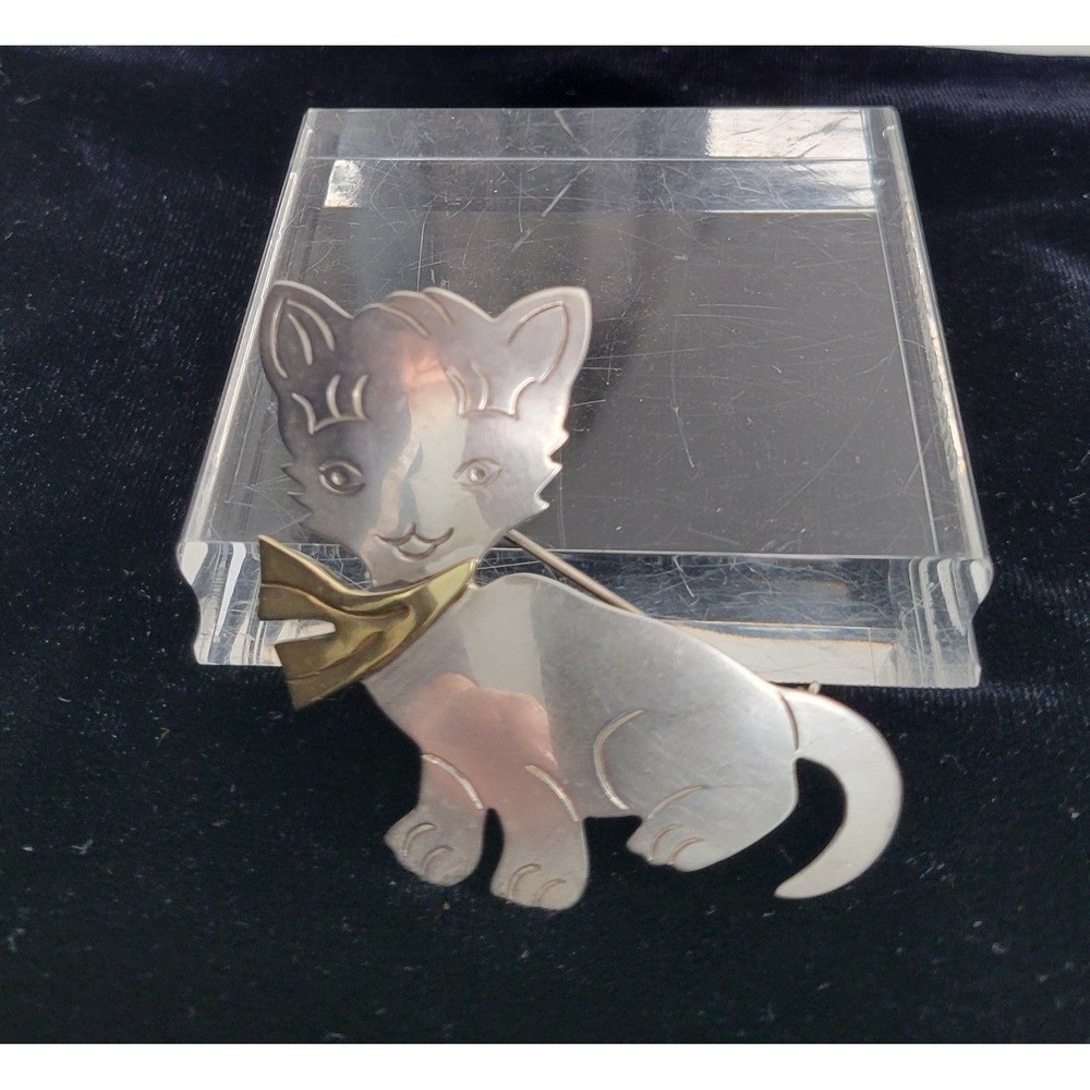 Sterling Silver 925 Kitten Cat Brooch Pin Pendant Vintage Taxco Mexico