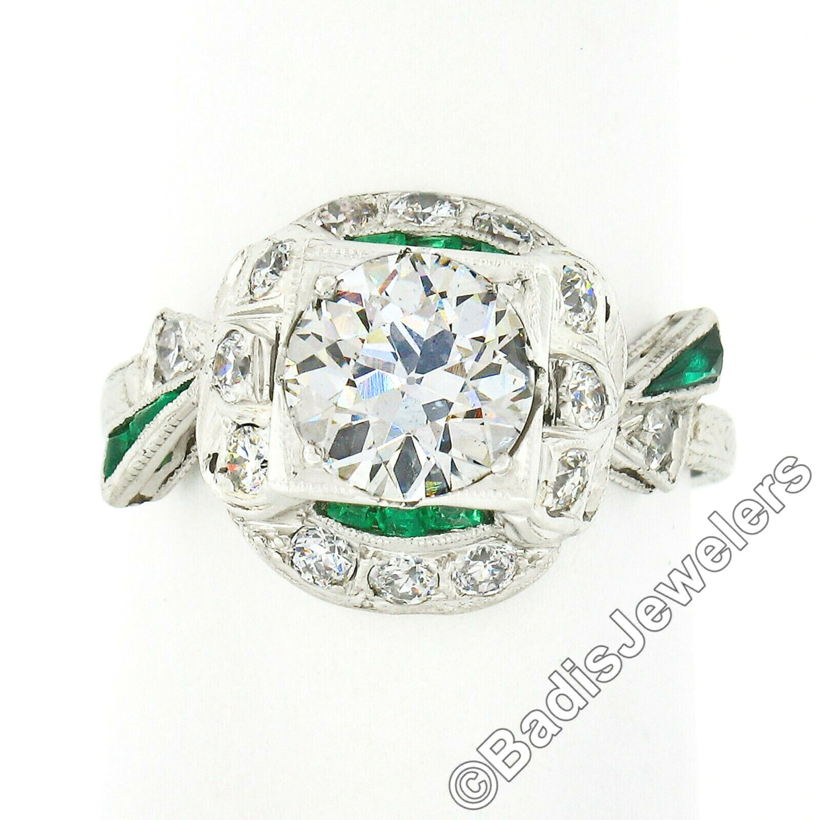 Antique Art Deco Platinum Old European Diamond & Emerald Ribbon Engagement Ring