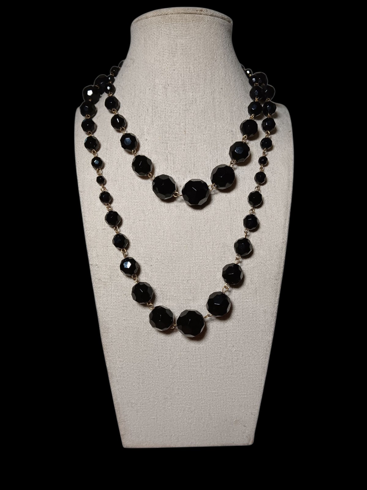Necklace Long Heavy Faceted Jet Black Graduated Bead Rosary Style Chain Link 36″