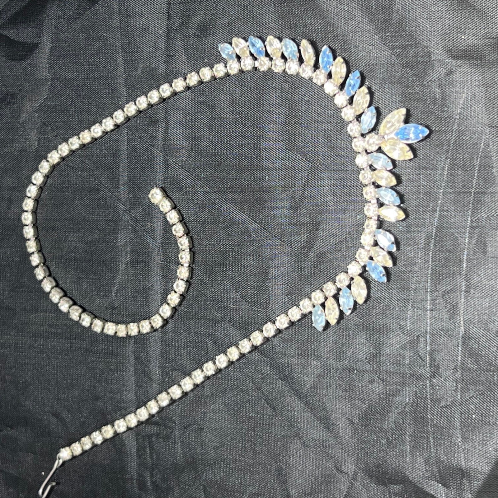 Vintage Blue Yellow Rhinestone Choker Necklace Silver Tone Marquise Bib 16.5in
