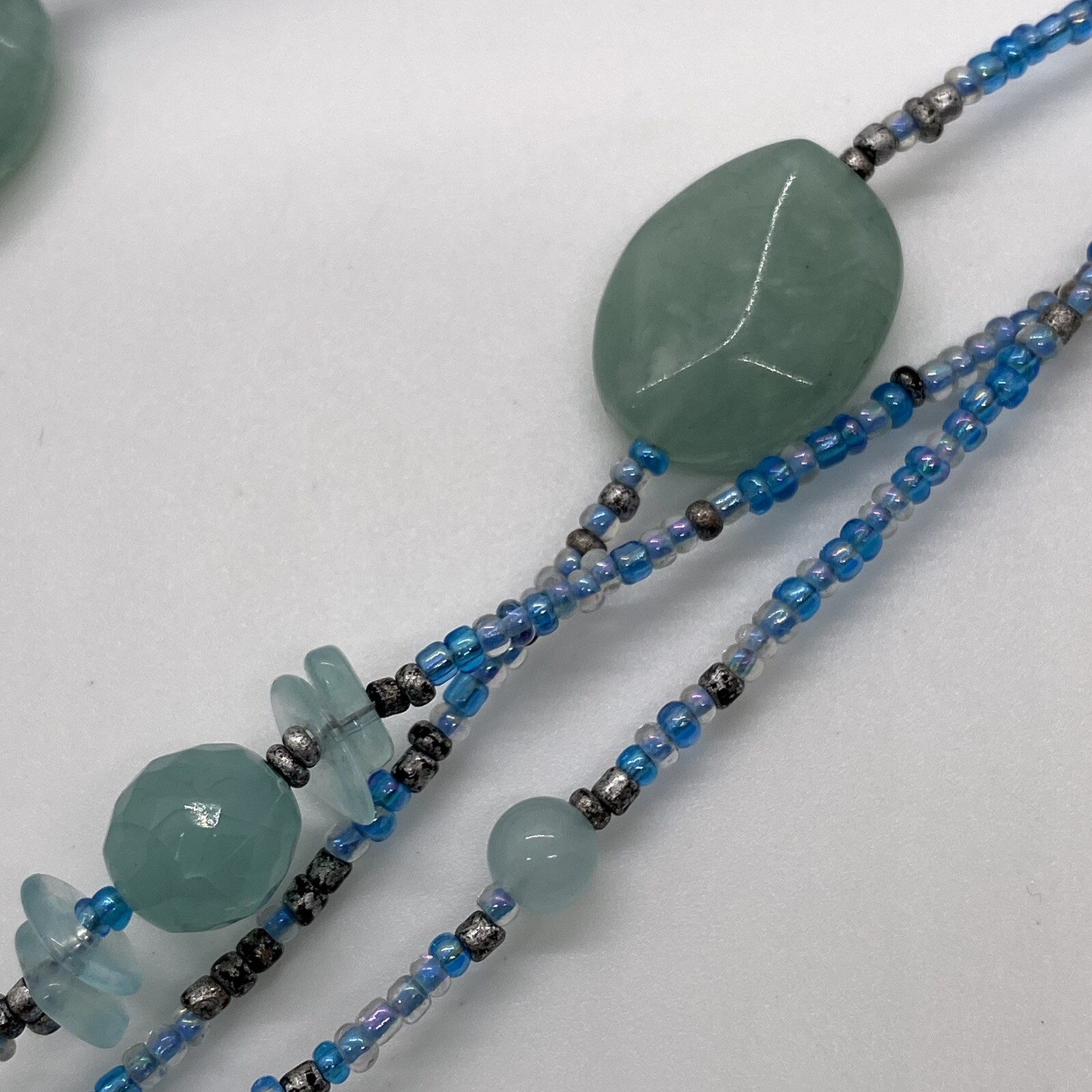 3 Strand Light Blue Glass Bead Necklace Teal Turquoise Beach Casual Handmade 15”