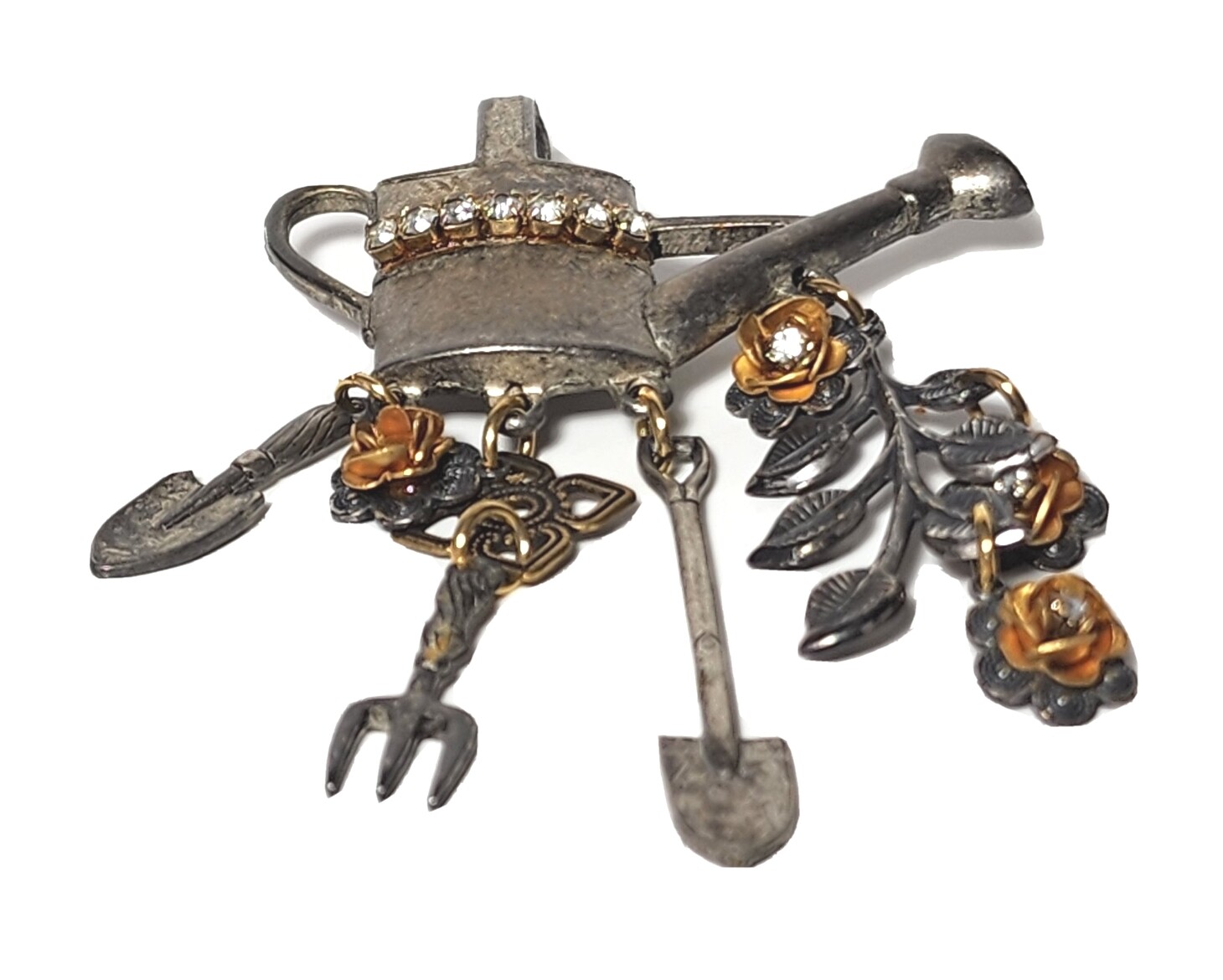 Vintage Jewelry Pewter Metal Garden Brooch Pin w Rhinestones & Gold Flowers
