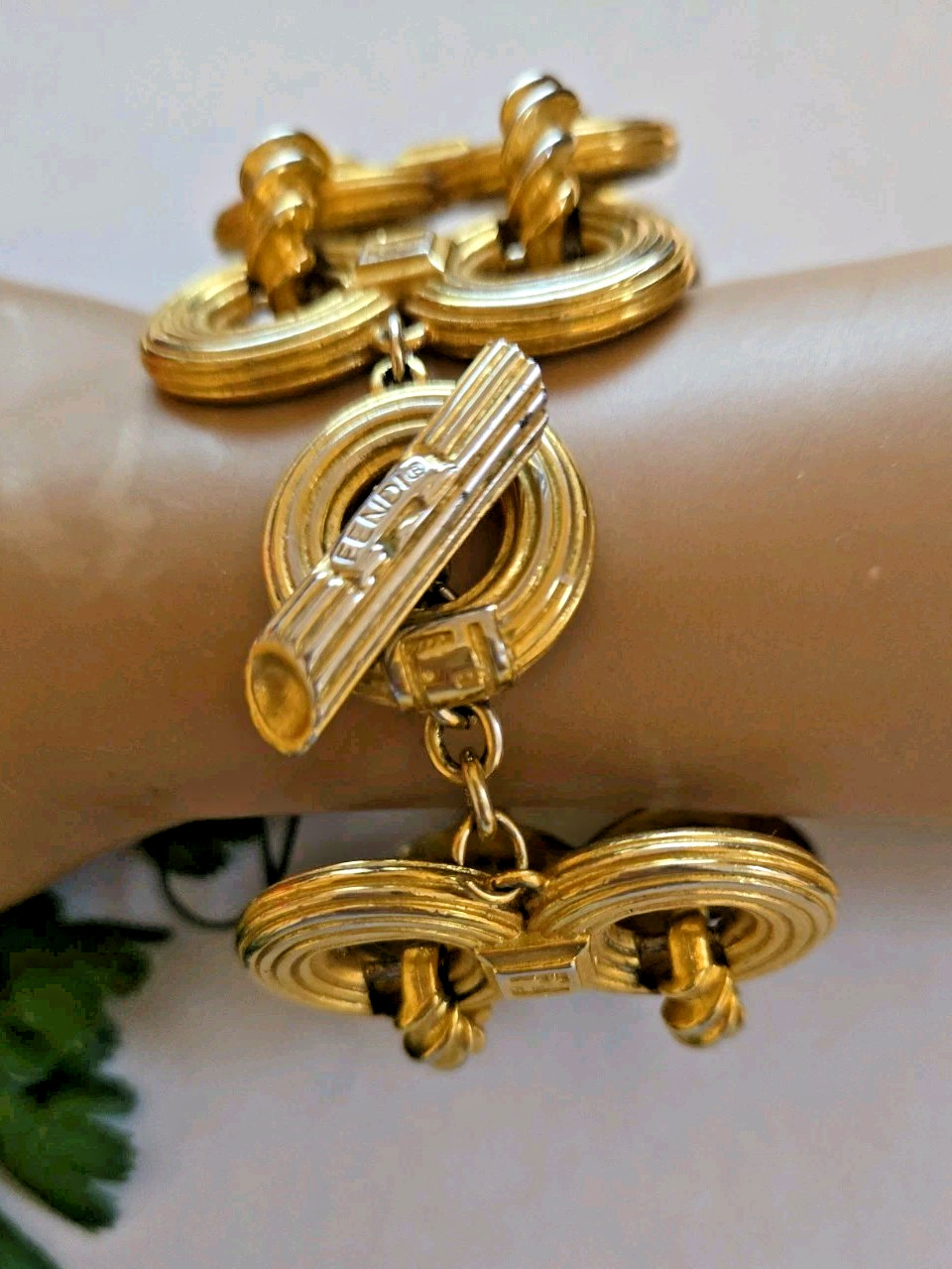 Vintage FENDI Wide Two Row Gold Plate Bracelet 8″ Length Signed 80s
